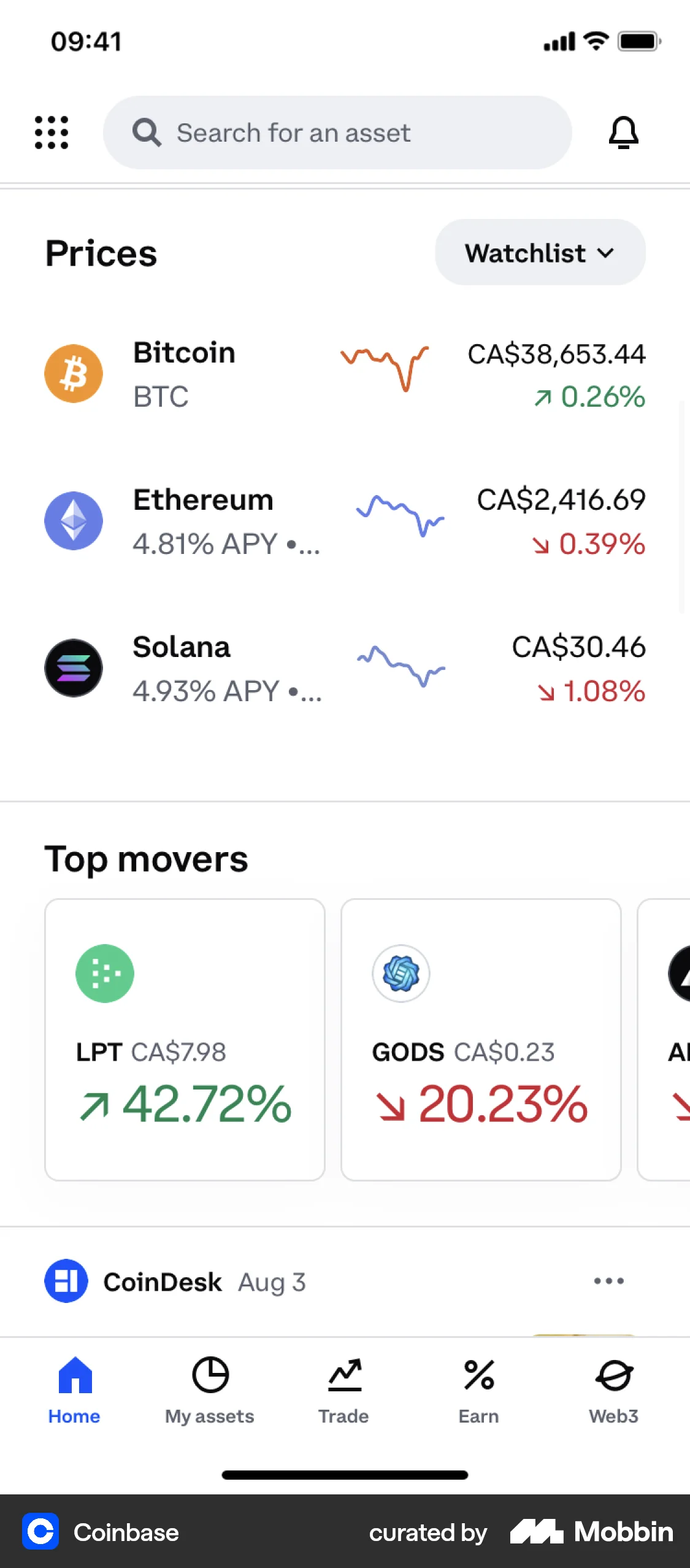Coinbase iOS screen containing Dropdown Menu UI element