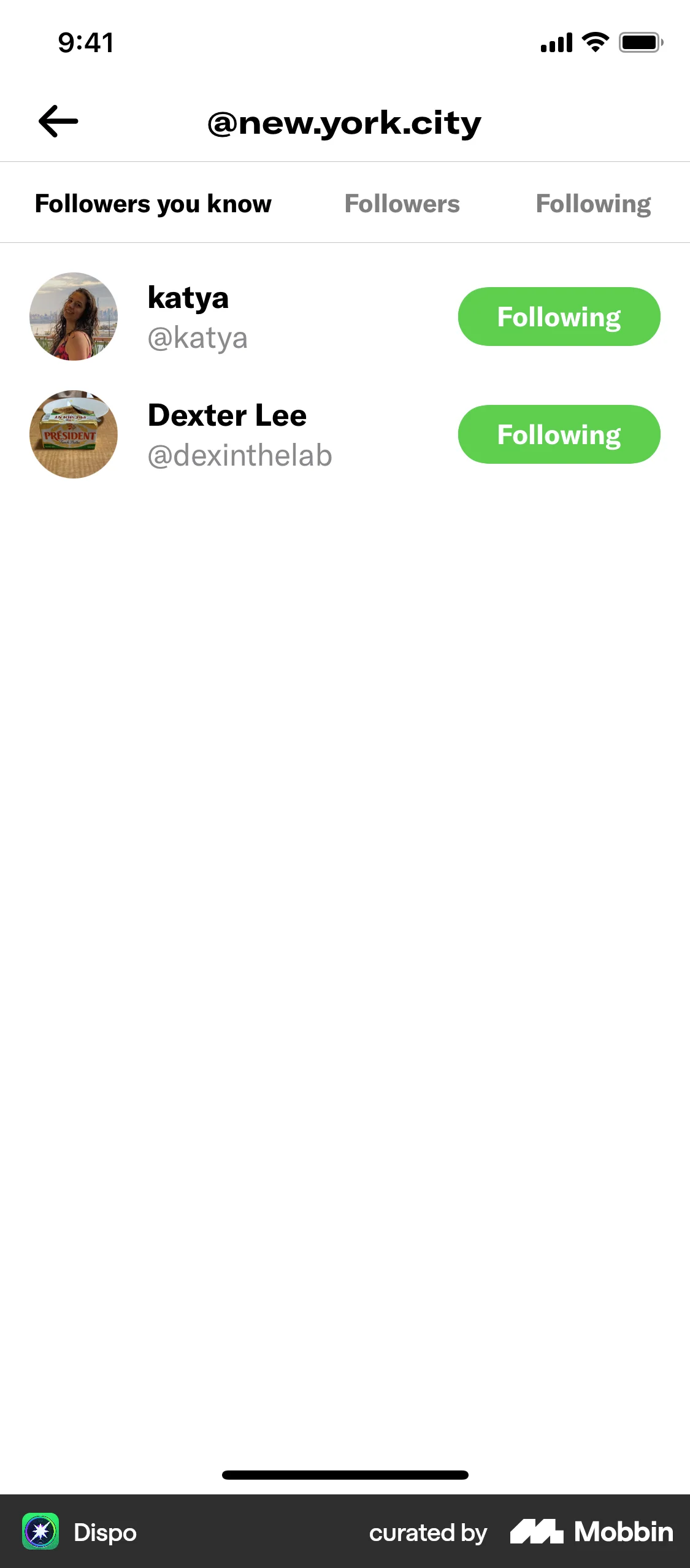 Dispo iOS Followers & Following screen