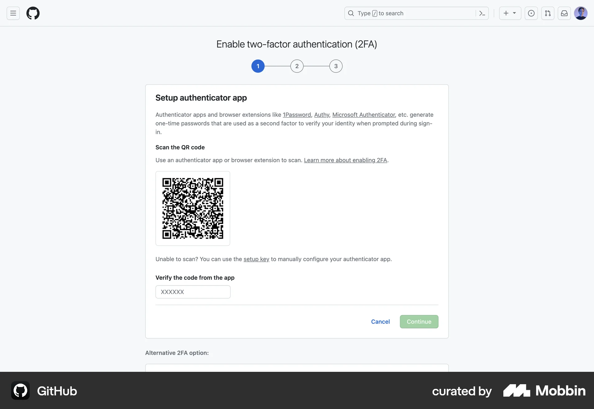 GitHub Web QR Code screen