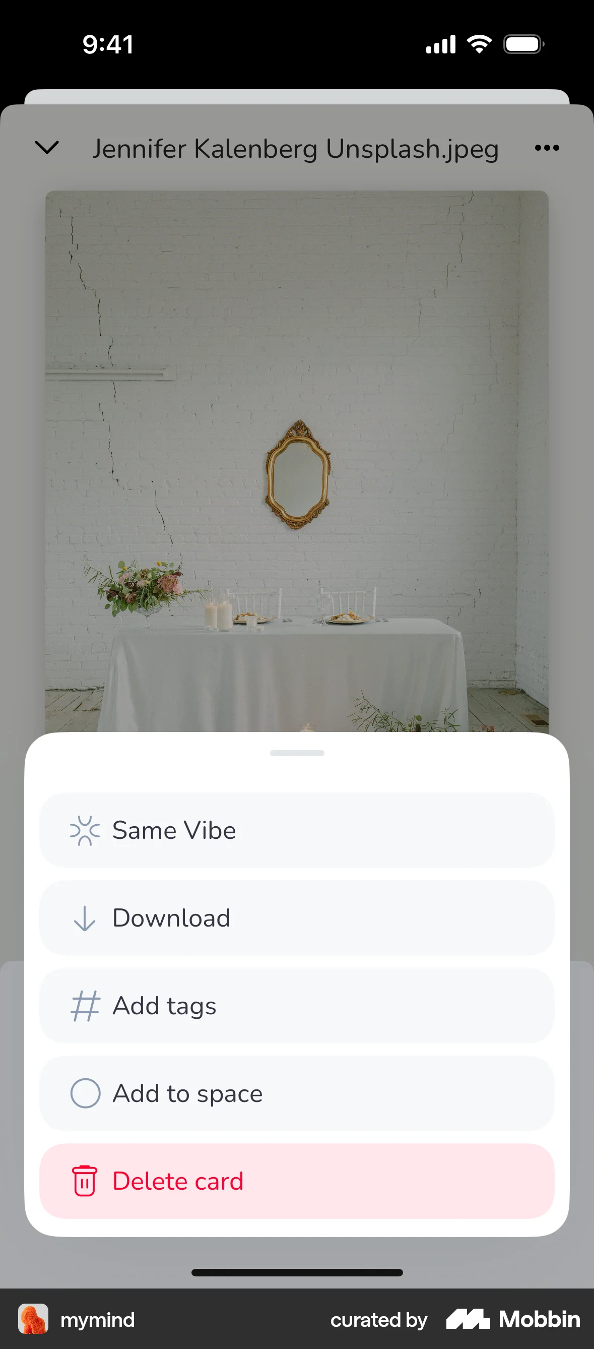 mymind iOS screen containing Action Sheet UI element