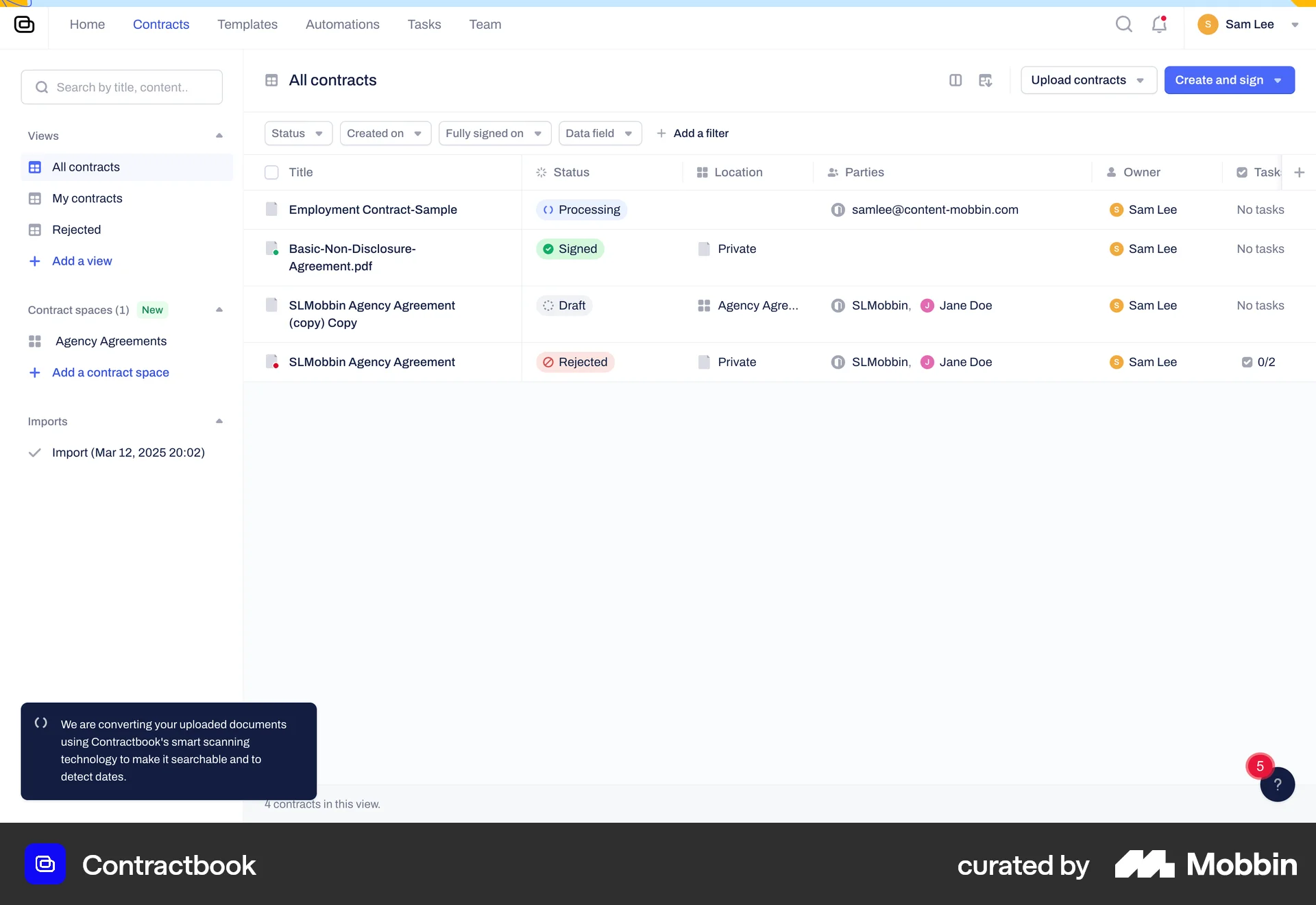 Contractbook Web screen containing Toast UI element