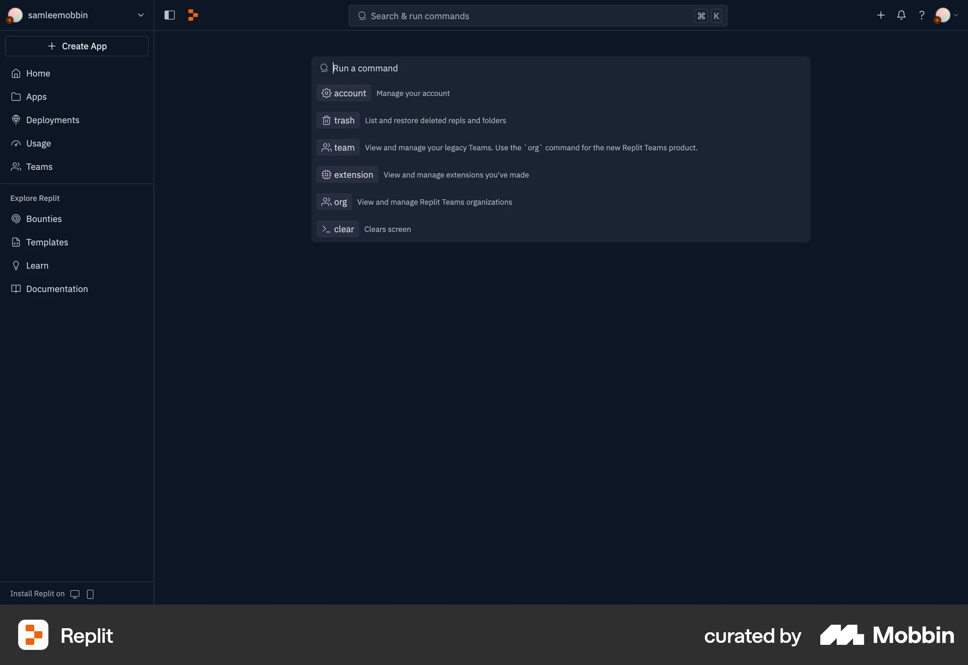 Replit Web Command Palette screen