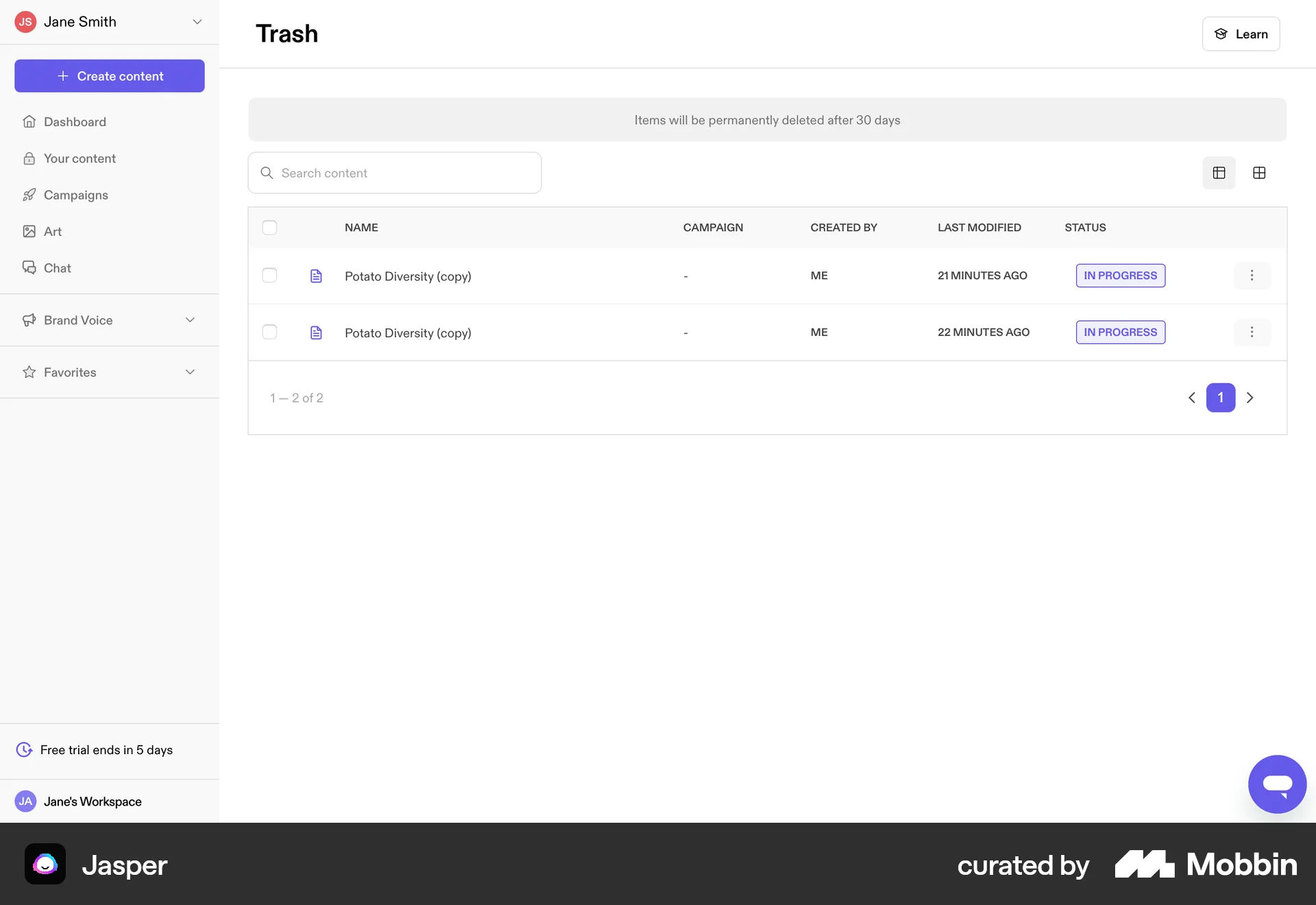 Jasper Web Trash & Archive screen