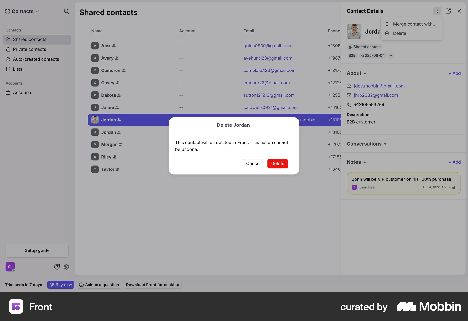 Front Web Delete screen