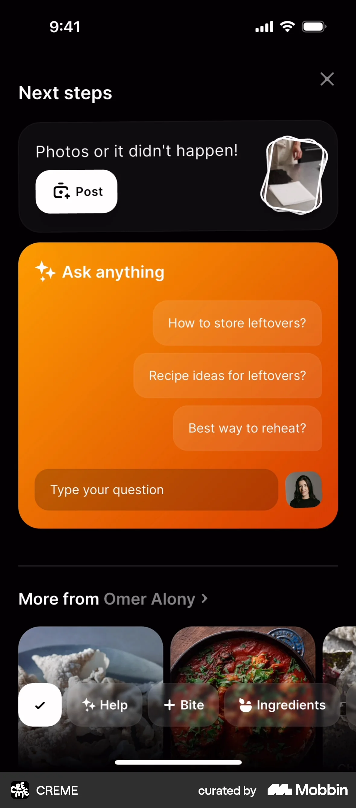 CREME iOS Chat Bot screen