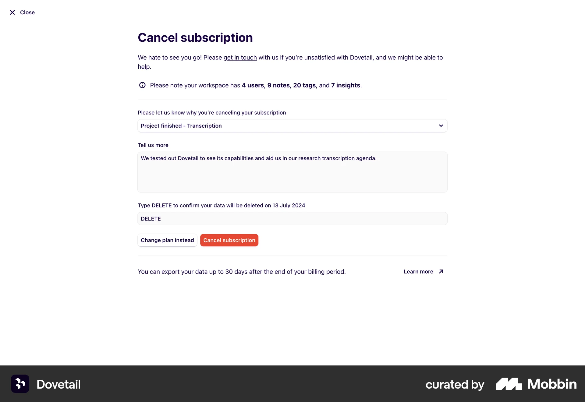 Dovetail Web Cancel screen