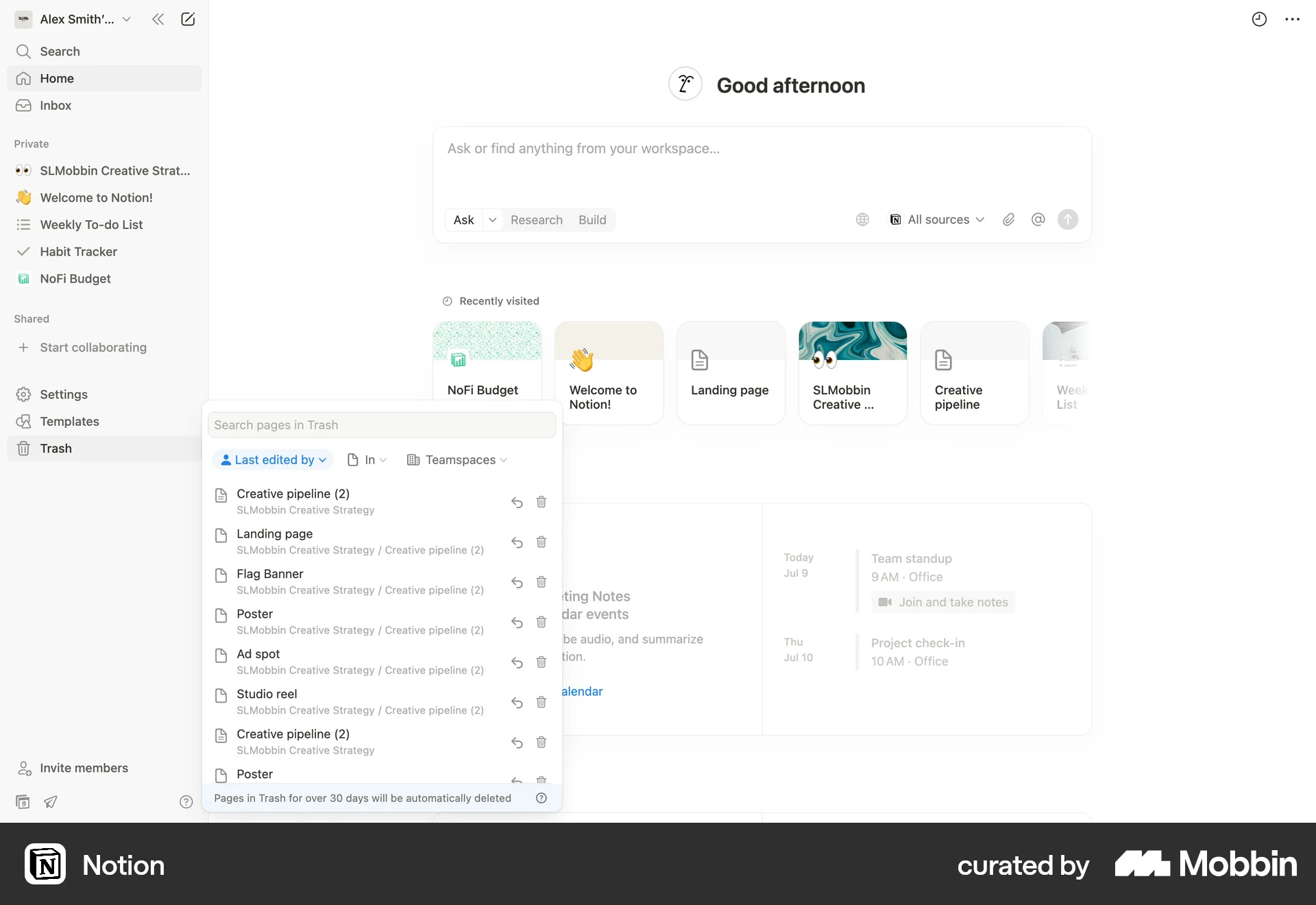 Notion Web Trash & Archive screen