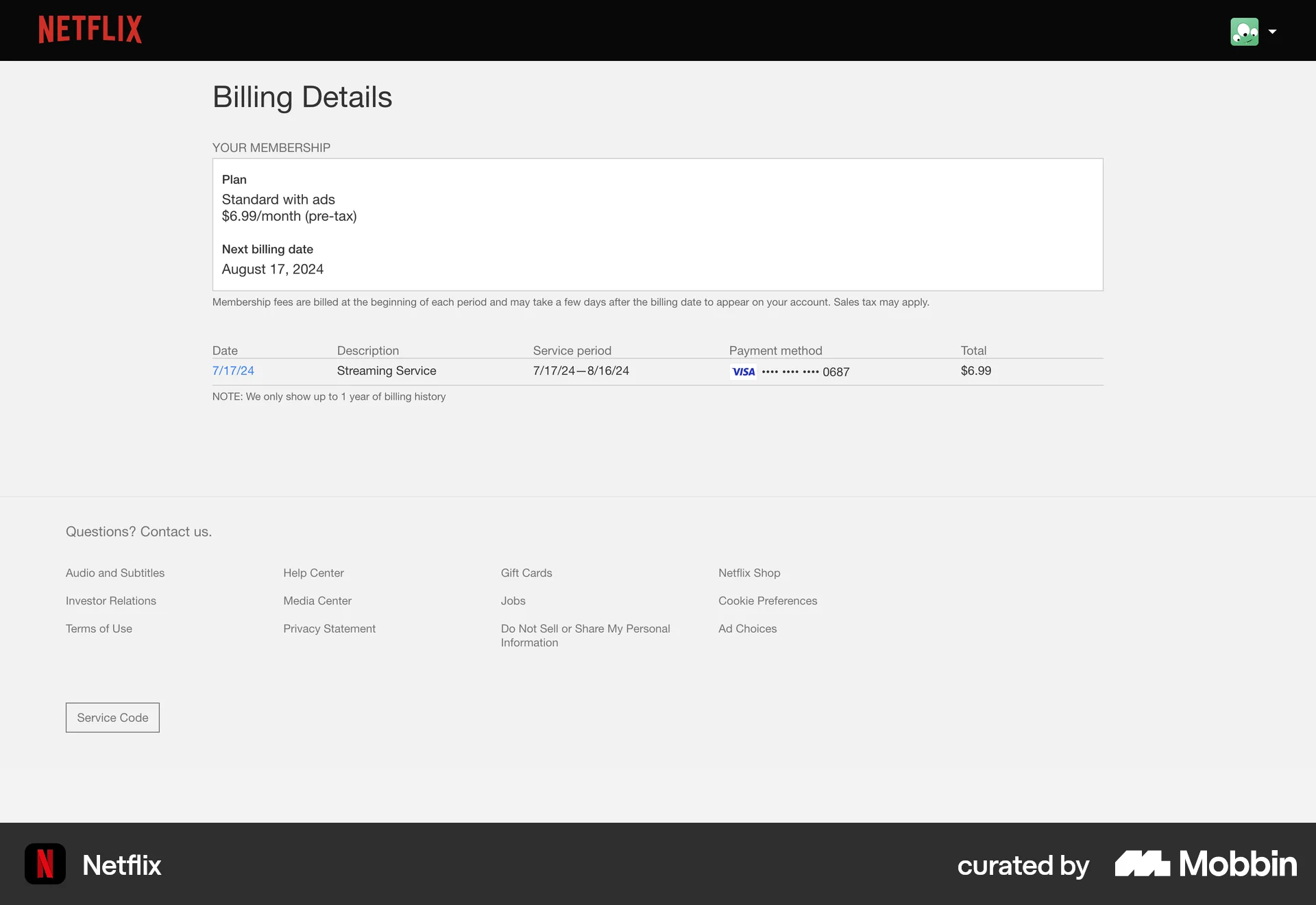 Netflix Web Order History screen