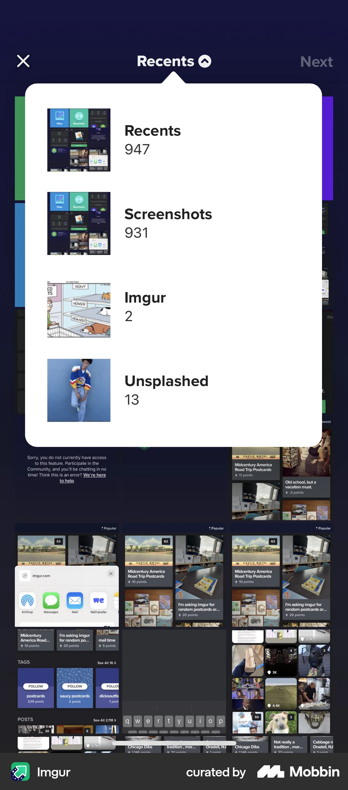 Imgur iOS screen containing Dropdown Menu UI element