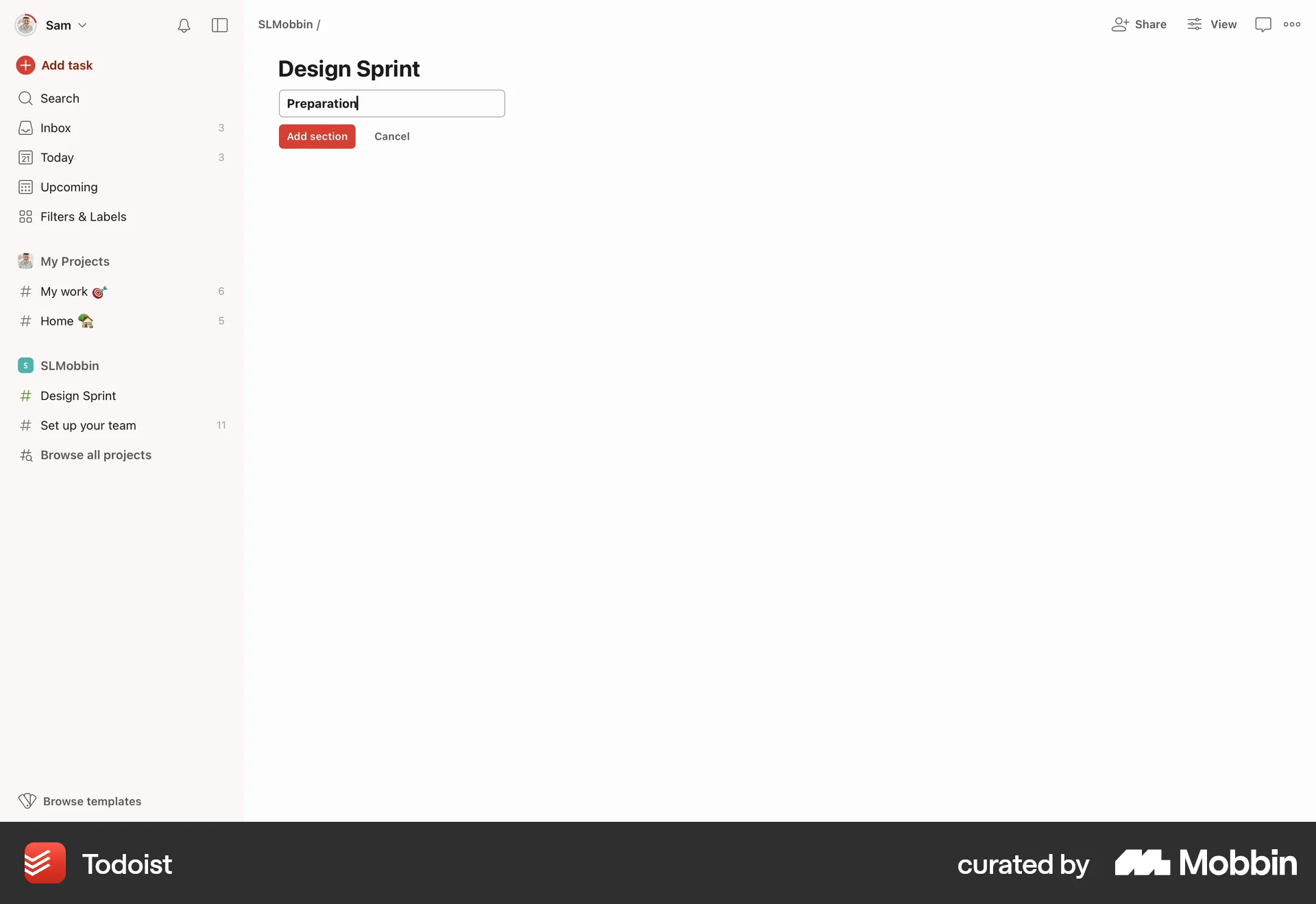 Todoist Web screen containing Editable Text UI element