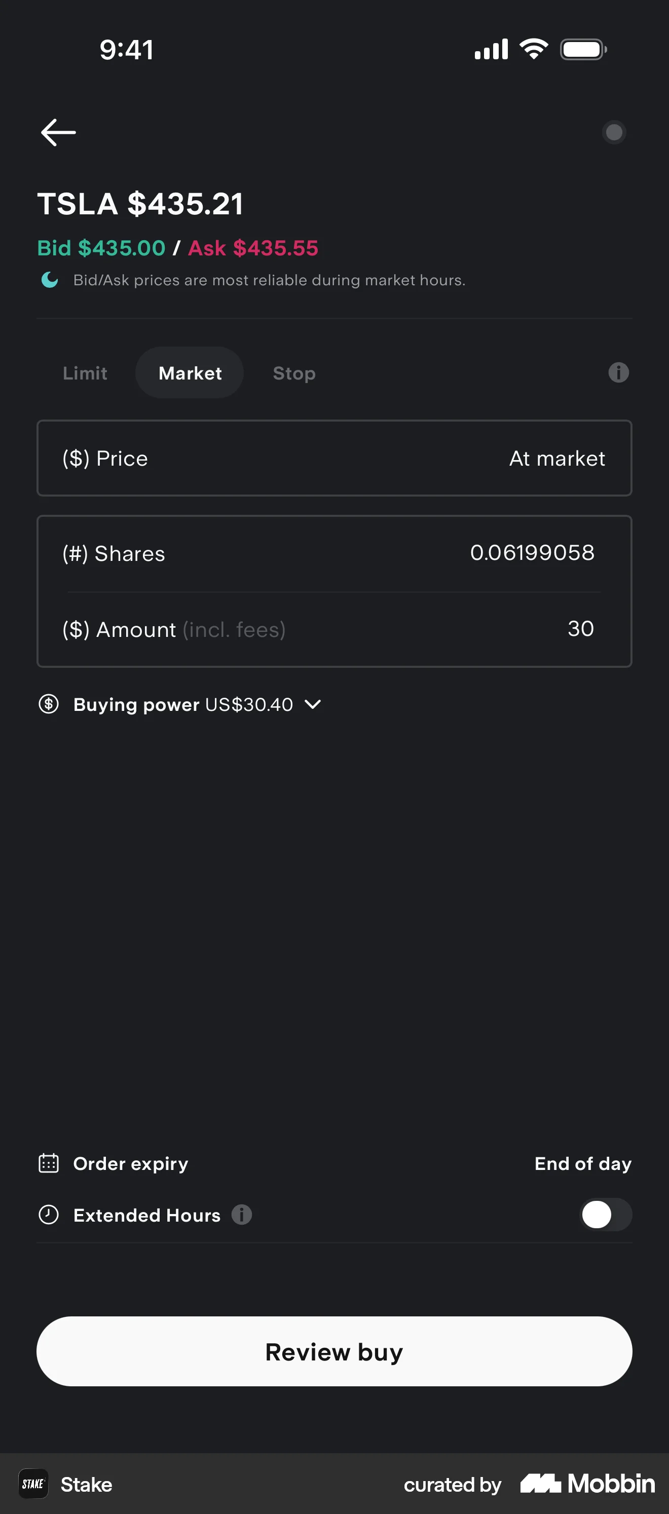 Stake iOS Dark Mode screen