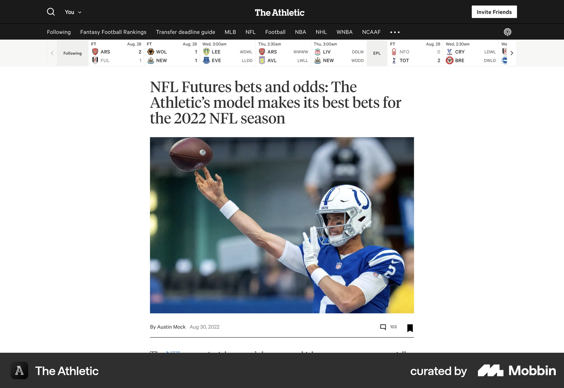 The Athletic Web Save screen