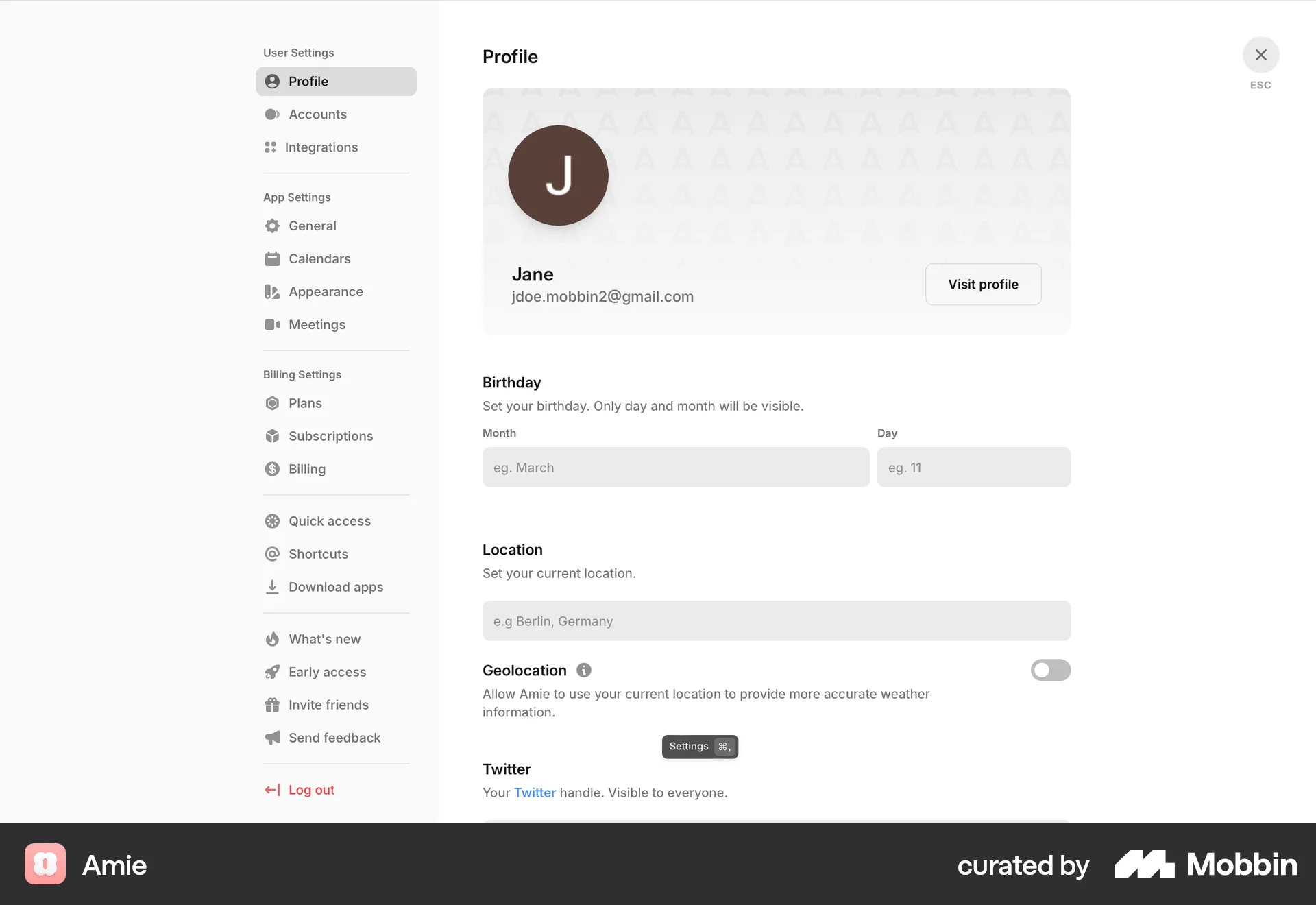Amie Web screen containing Full-Screen Overlay UI element