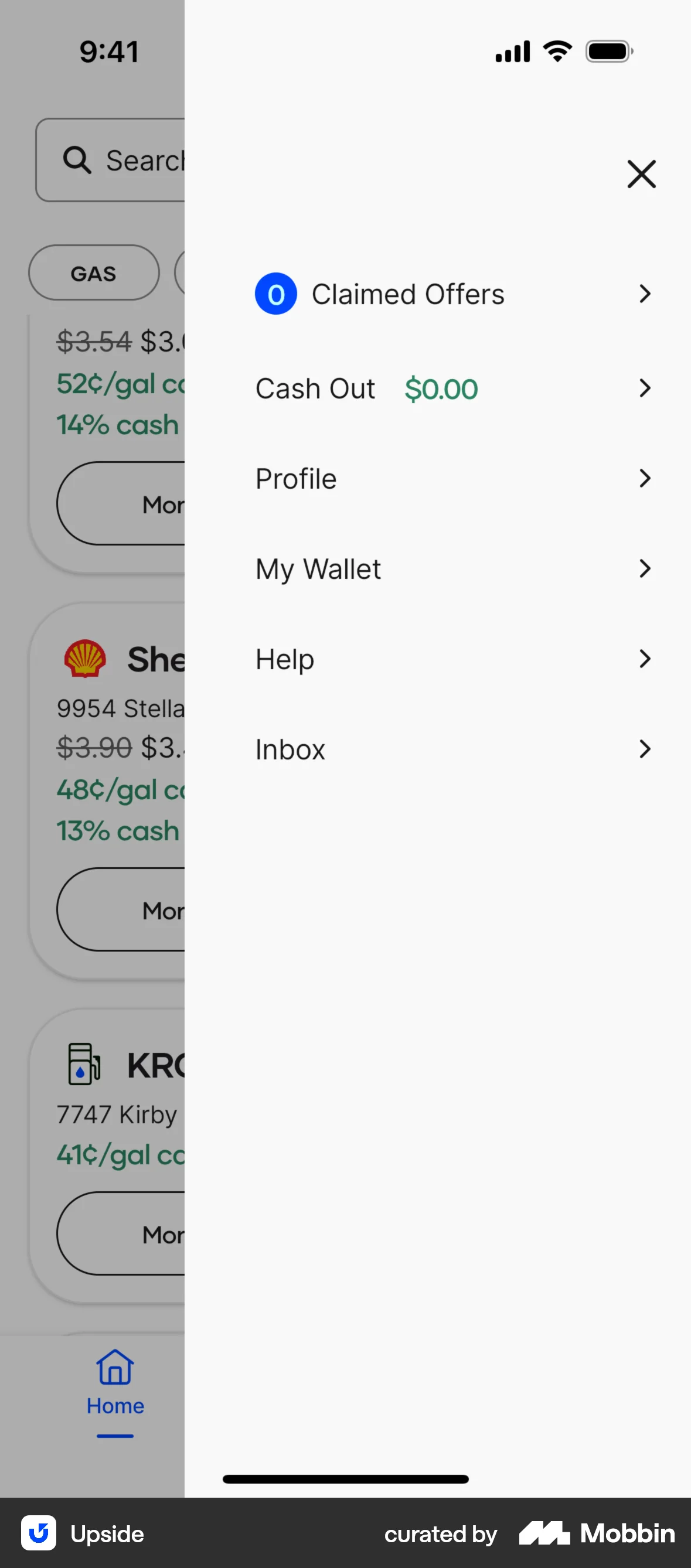 Upside iOS screen containing Drawer UI element