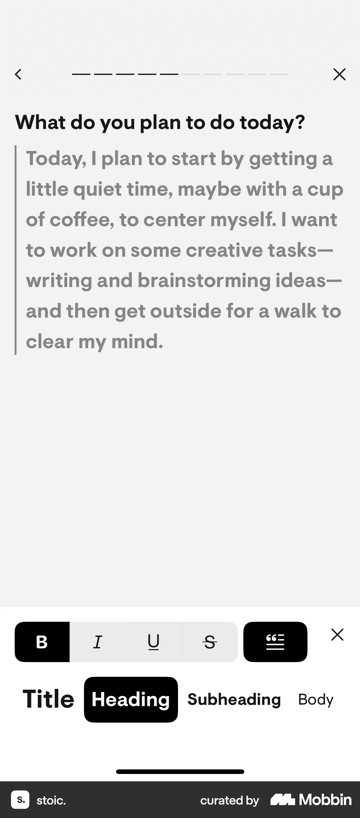 stoic. iOS screen containing Bottom Sheet UI element