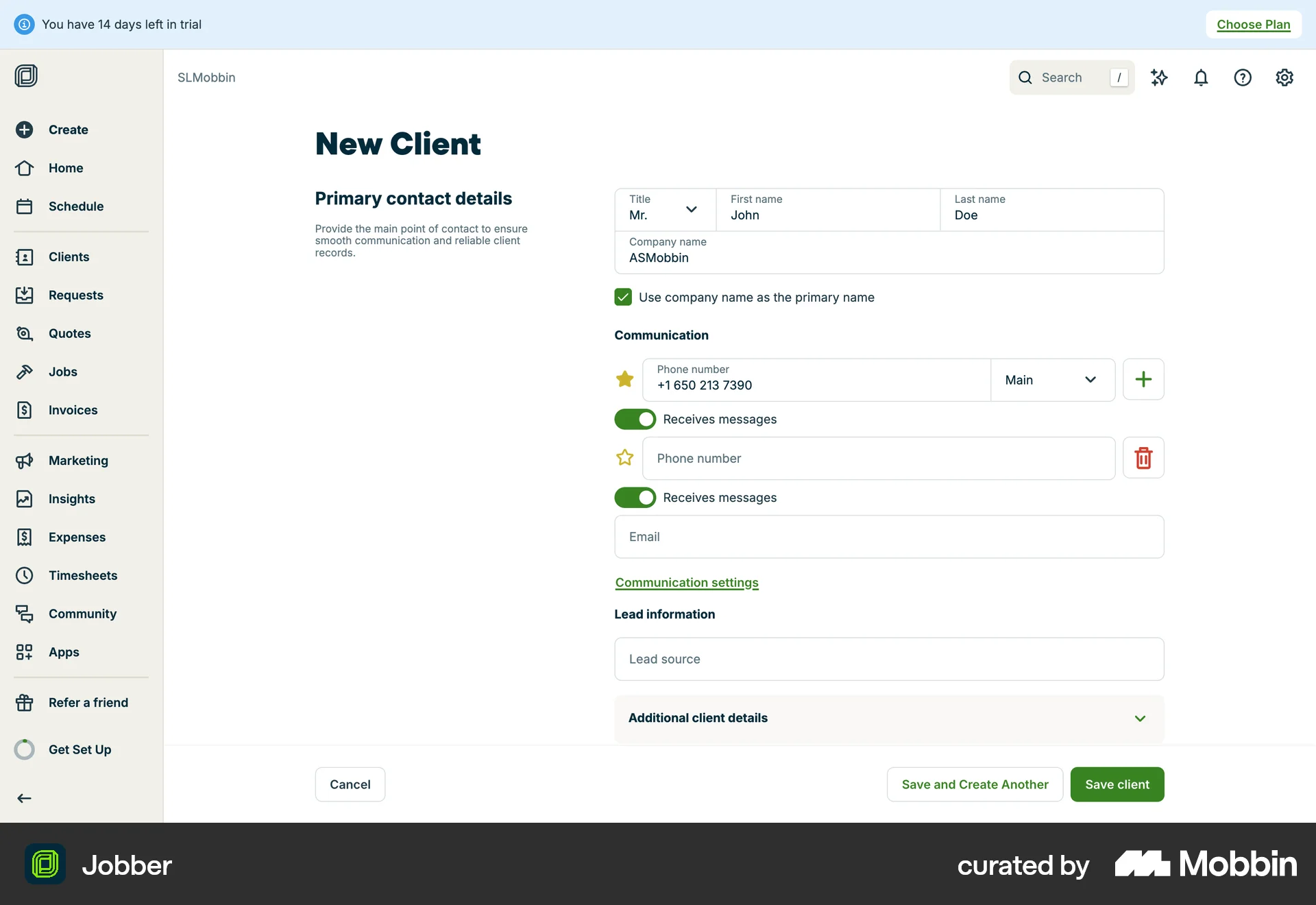 Jobber Web Web Form UI screen