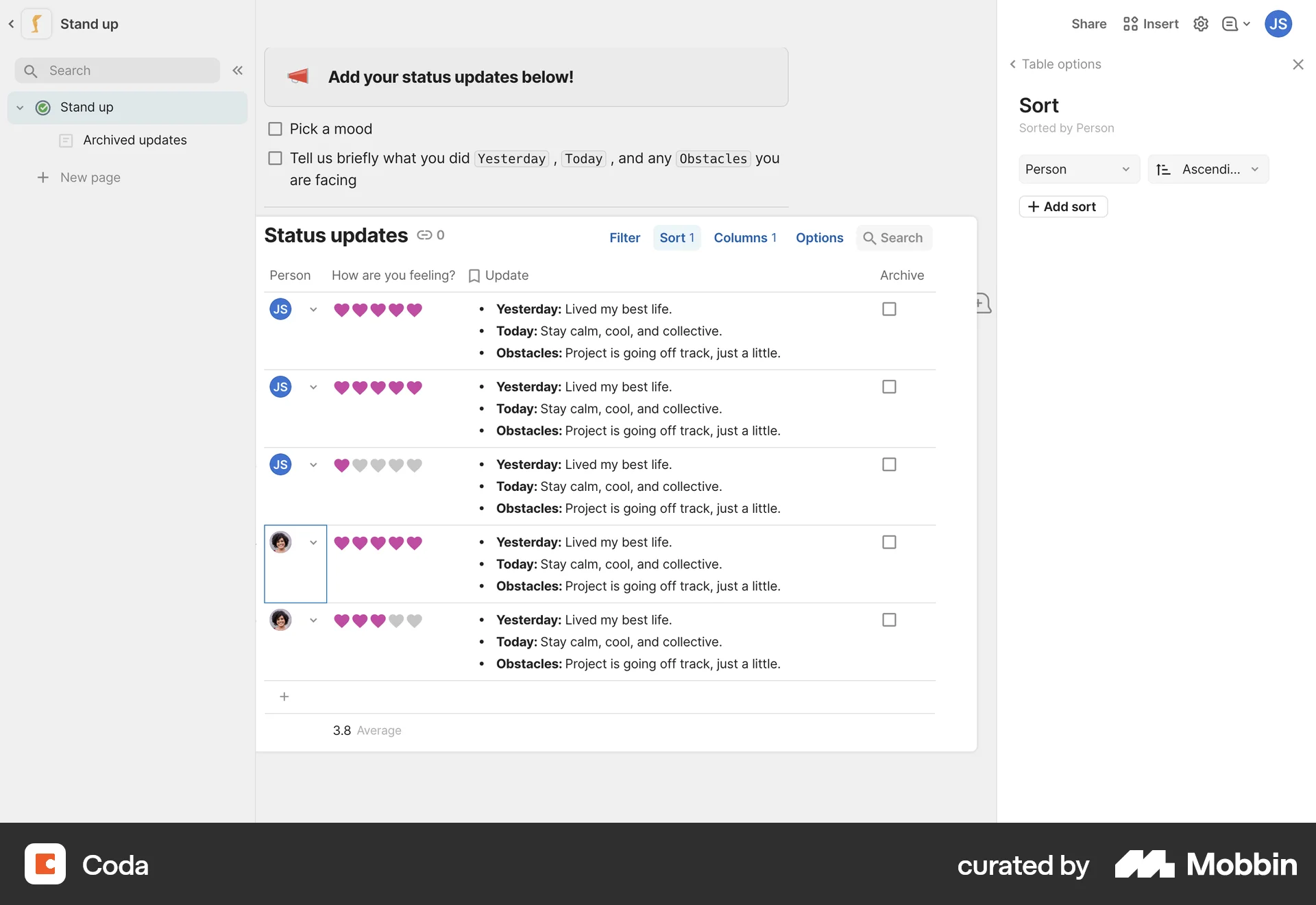 Coda Web screen containing Drawer UI element