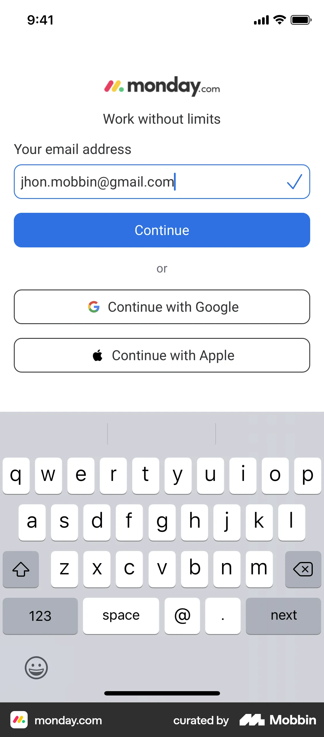 monday.com iOS Signup screen