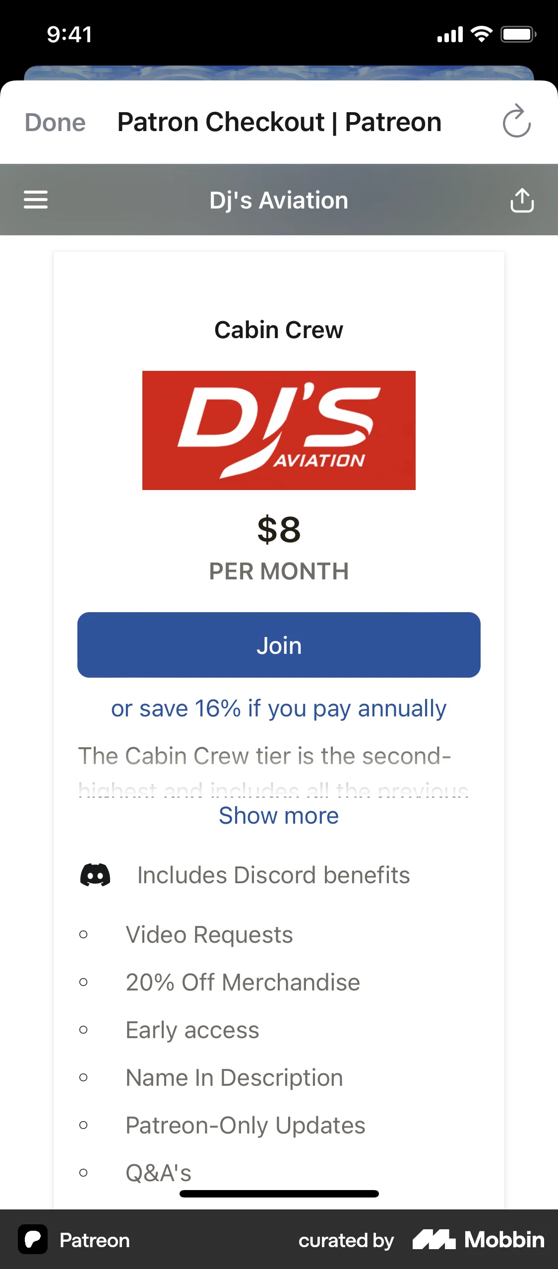 Patreon iOS Browser screen