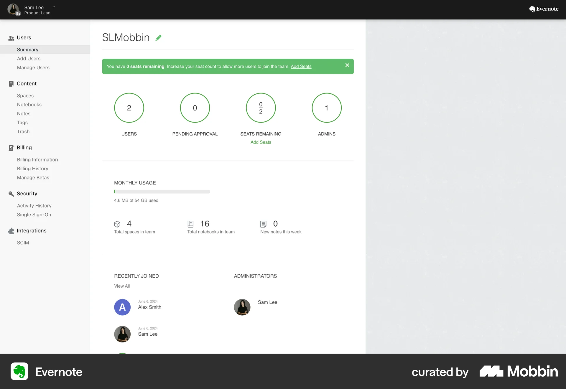 Evernote Web Admin Dashboard screen