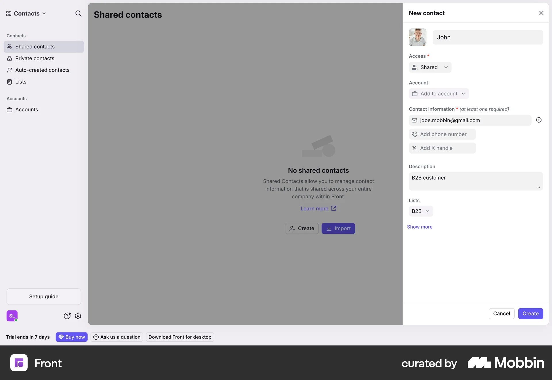 Front Web Add & Create screen