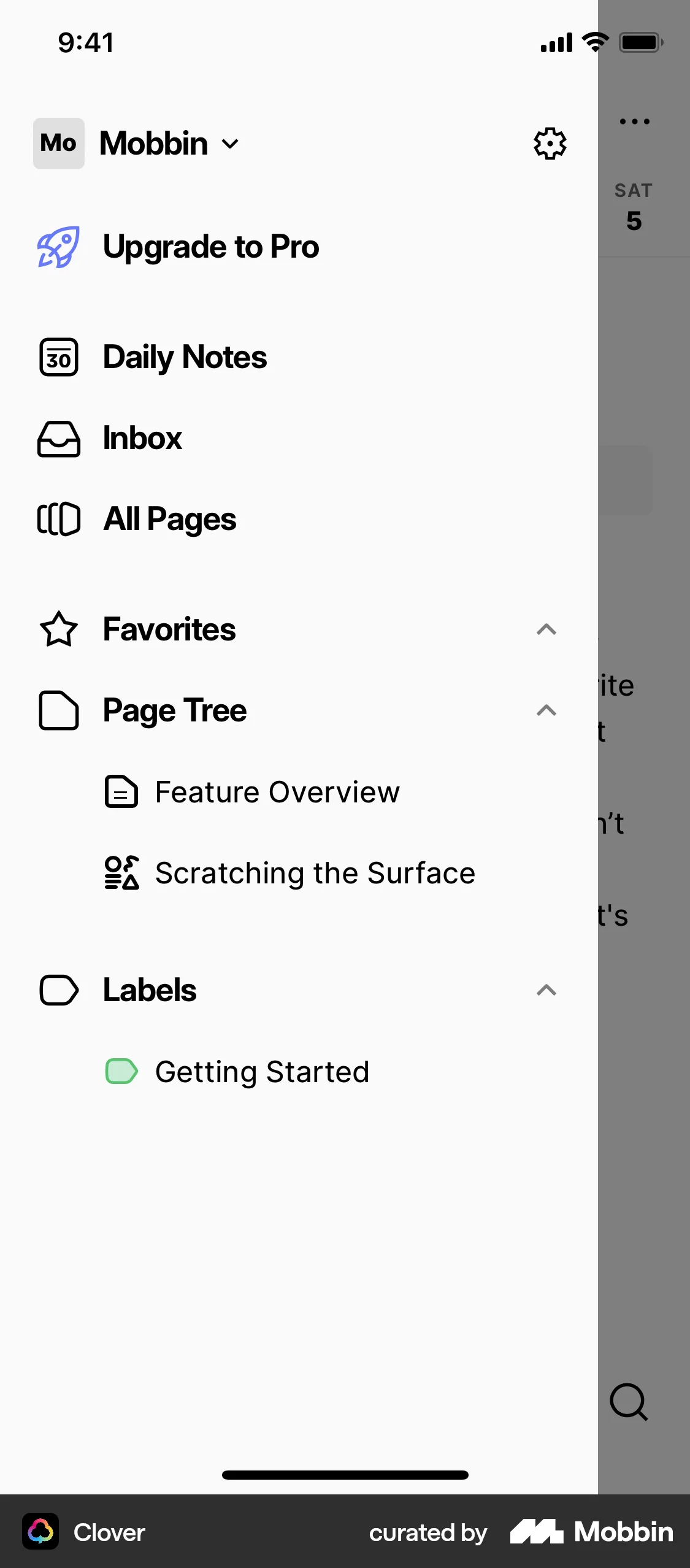 Clover iOS screen containing Side Navigation UI element