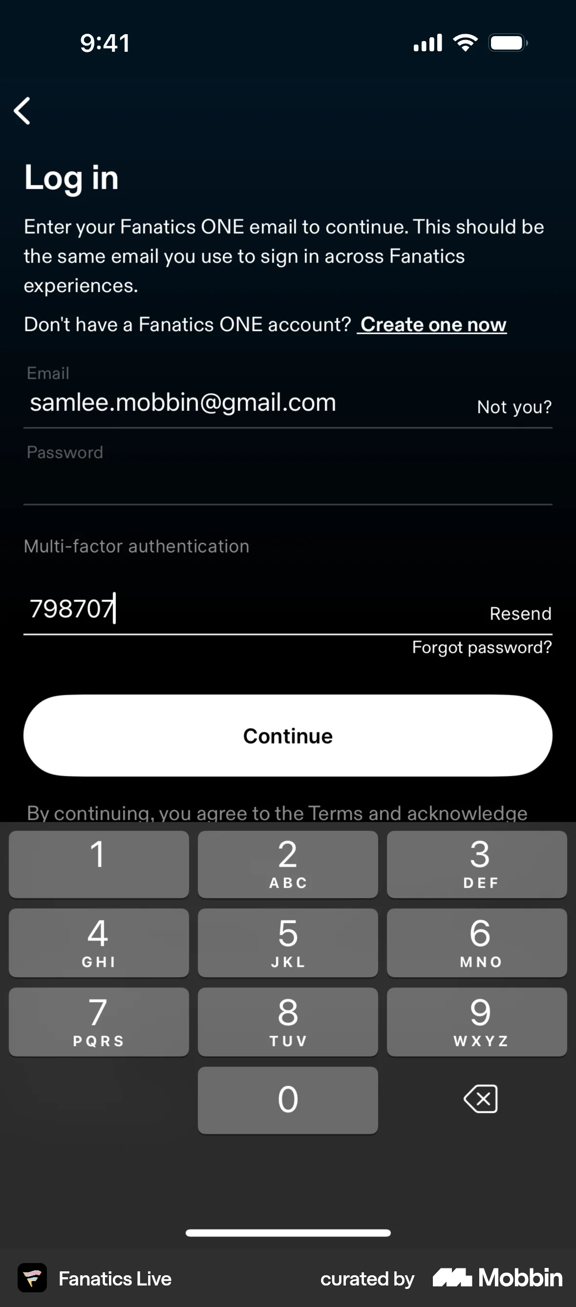 Fanatics Live iOS Verification screen
