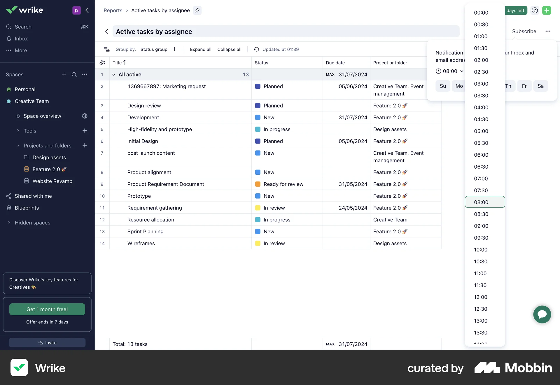 Wrike Web screen containing Time Picker UI element