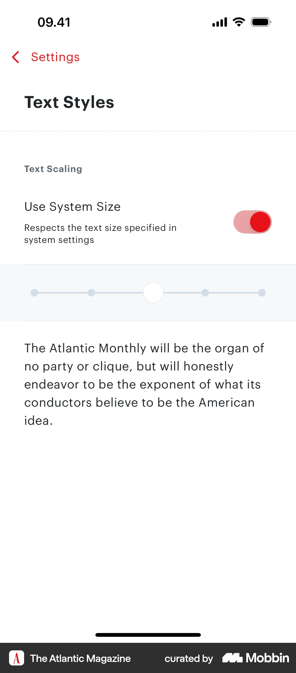 The Atlantic Magazine iOS Settings & Preferences screen