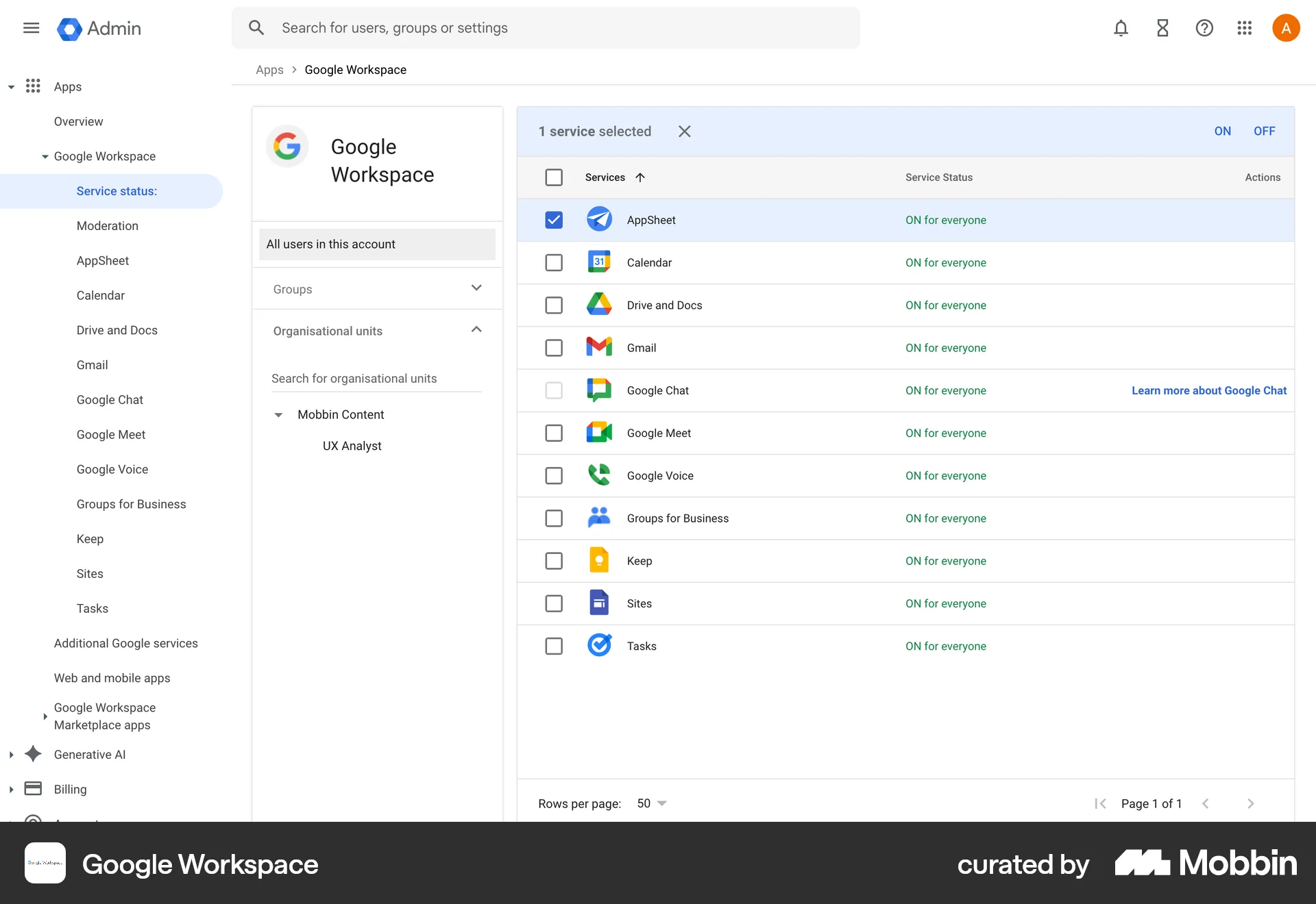 Google Workspace Web Select screen
