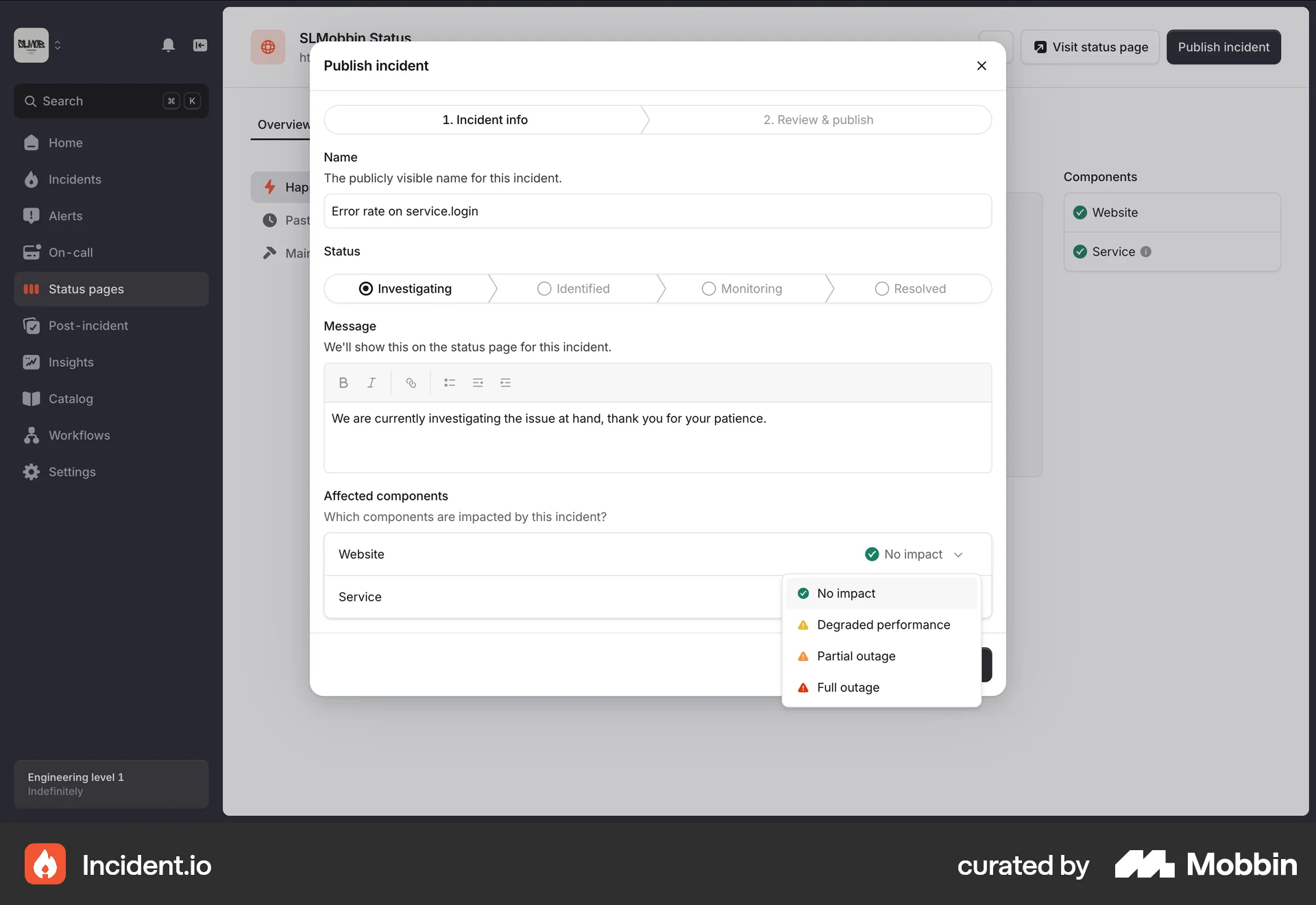 incident.io Web screen containing Select UI element