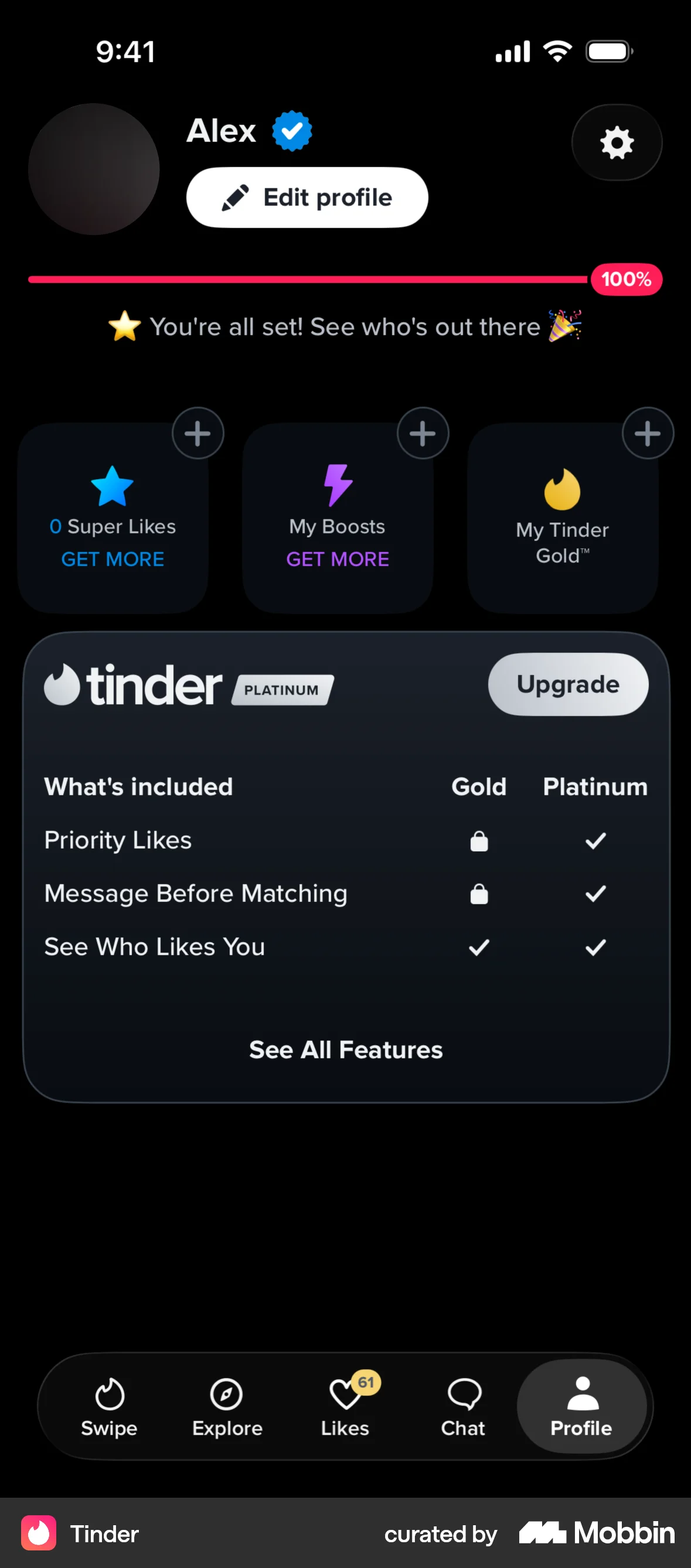 Tinder iOS Dark Mode screen