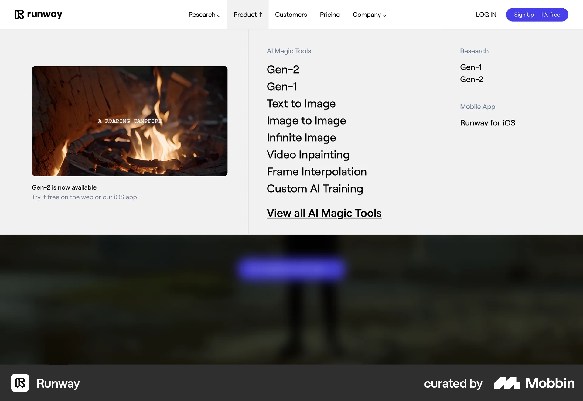 Runway Web screen containing Navigation Menu UI element