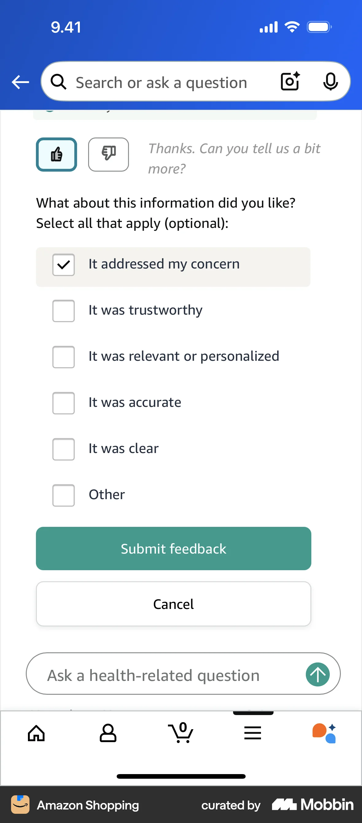 Amazon Shopping iOS screen containing Checkbox UI element