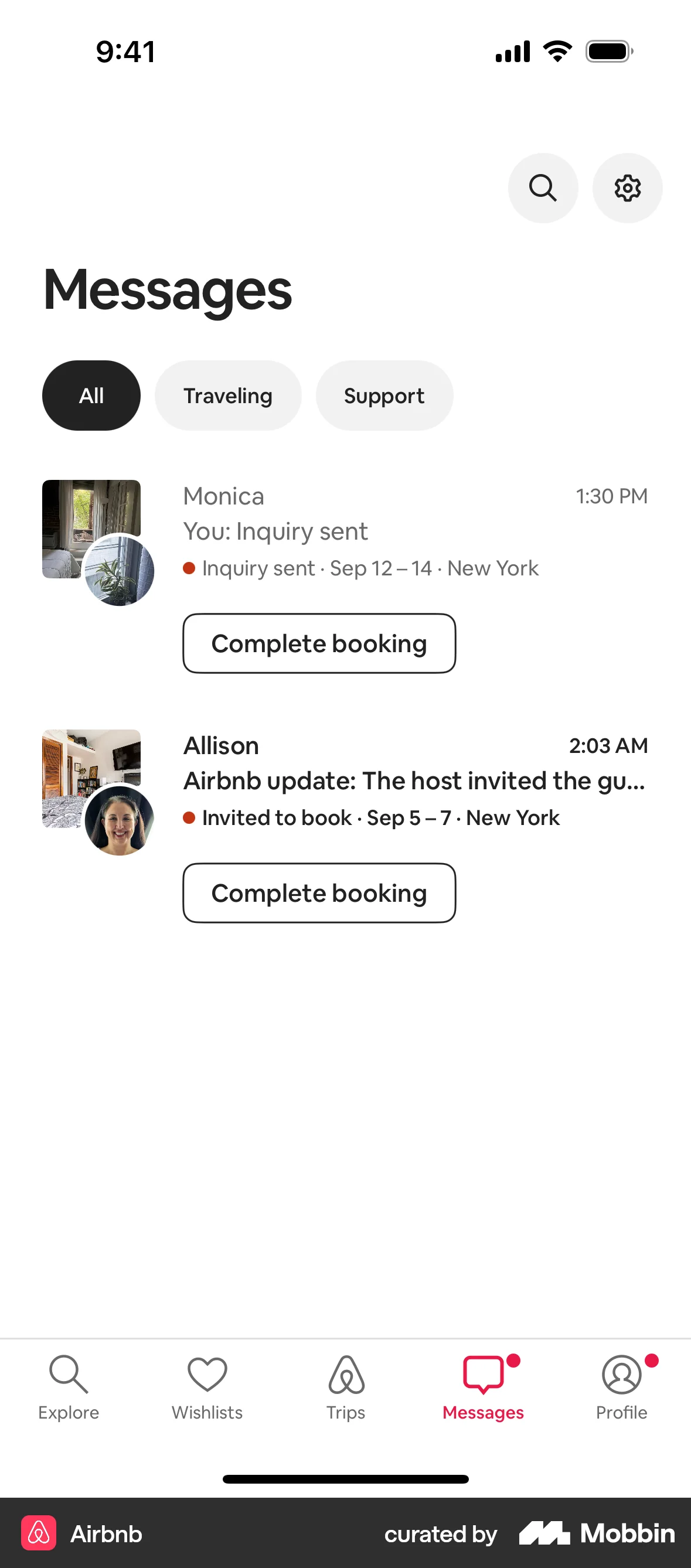 Airbnb iOS Emails & Messages screen