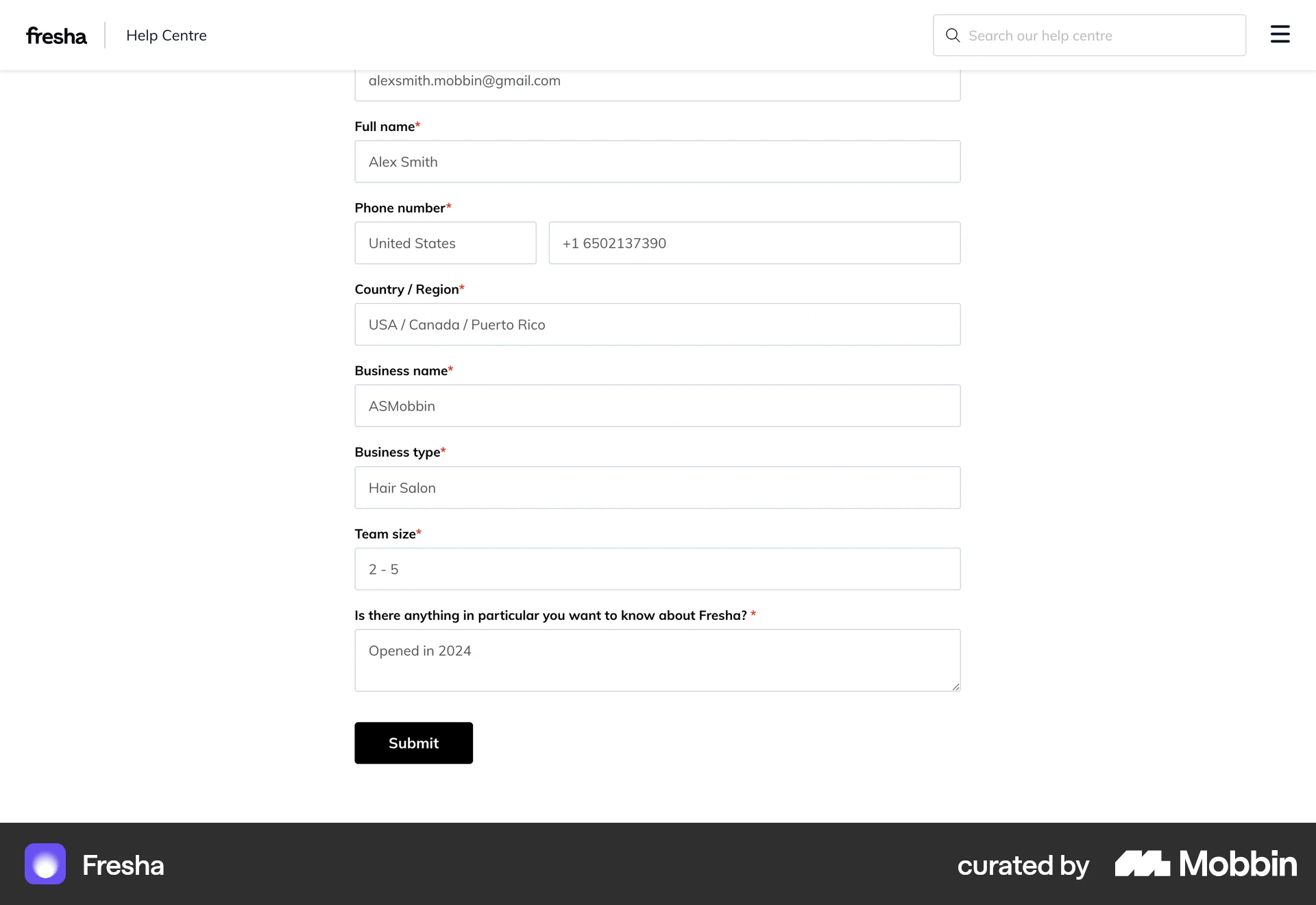 Fresha Web Web Form UI screen