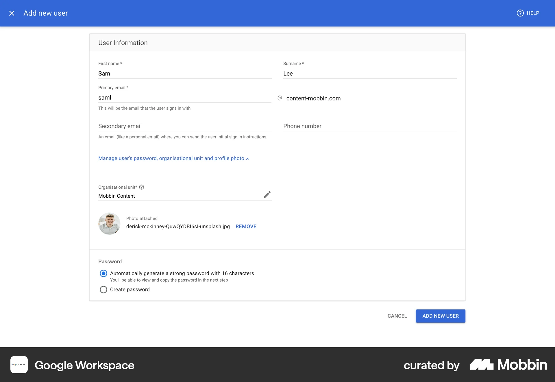 Google Workspace Web Add & Create screen