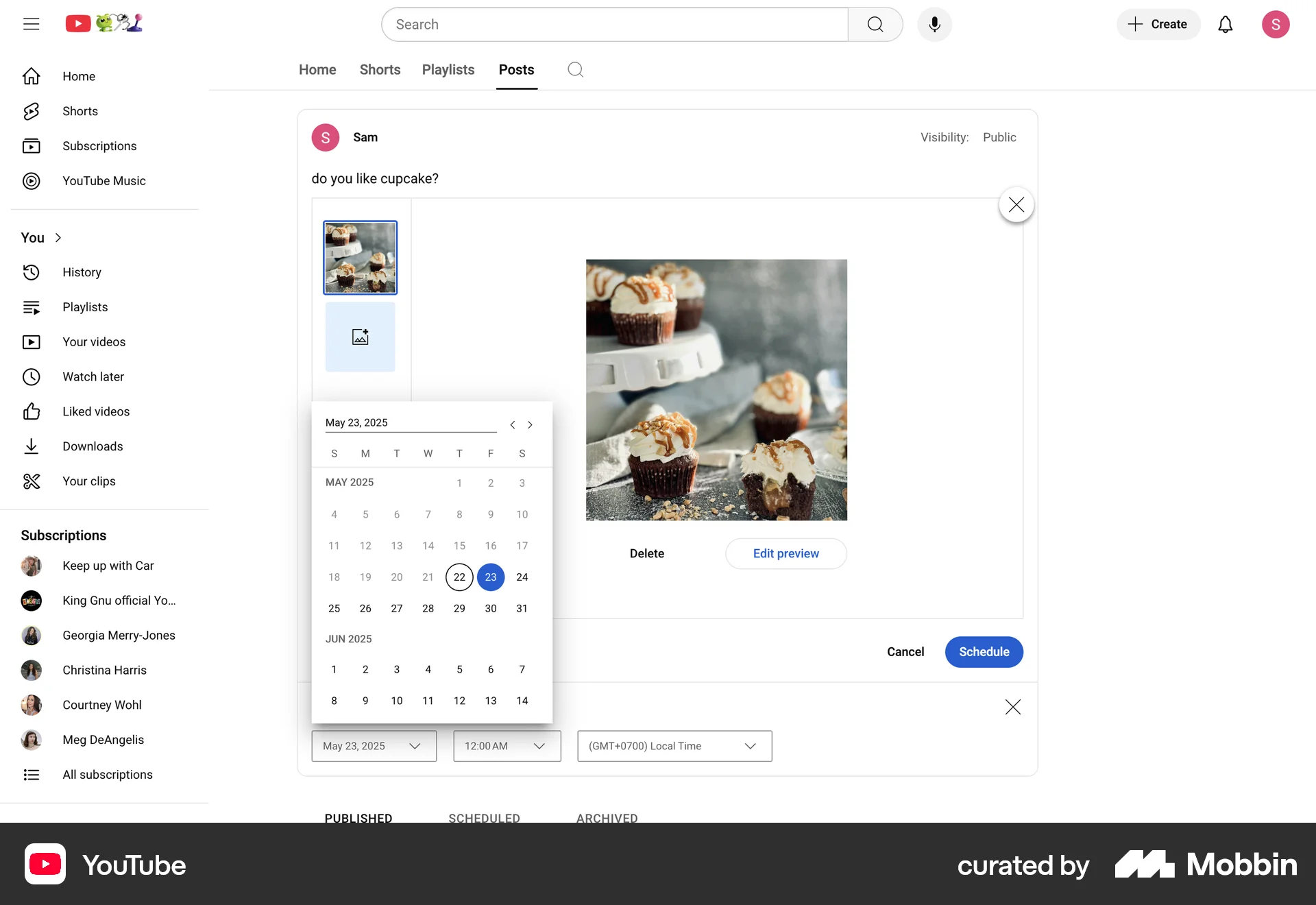 YouTube Web screen containing Date Picker UI element