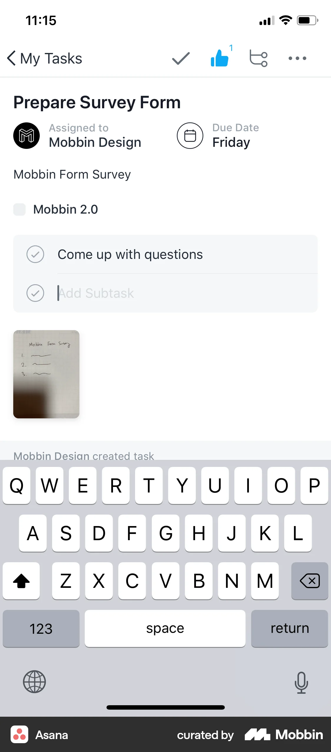 Asana iOS Note Detail screen