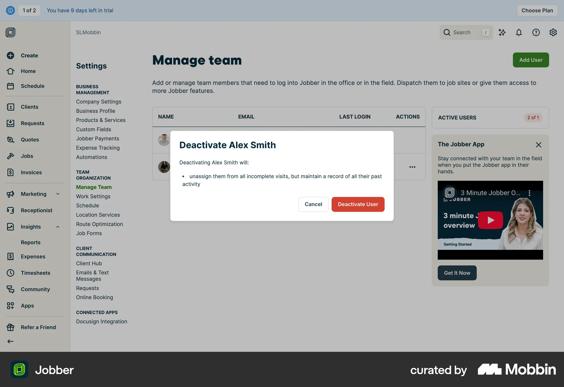 Jobber Web Delete screen