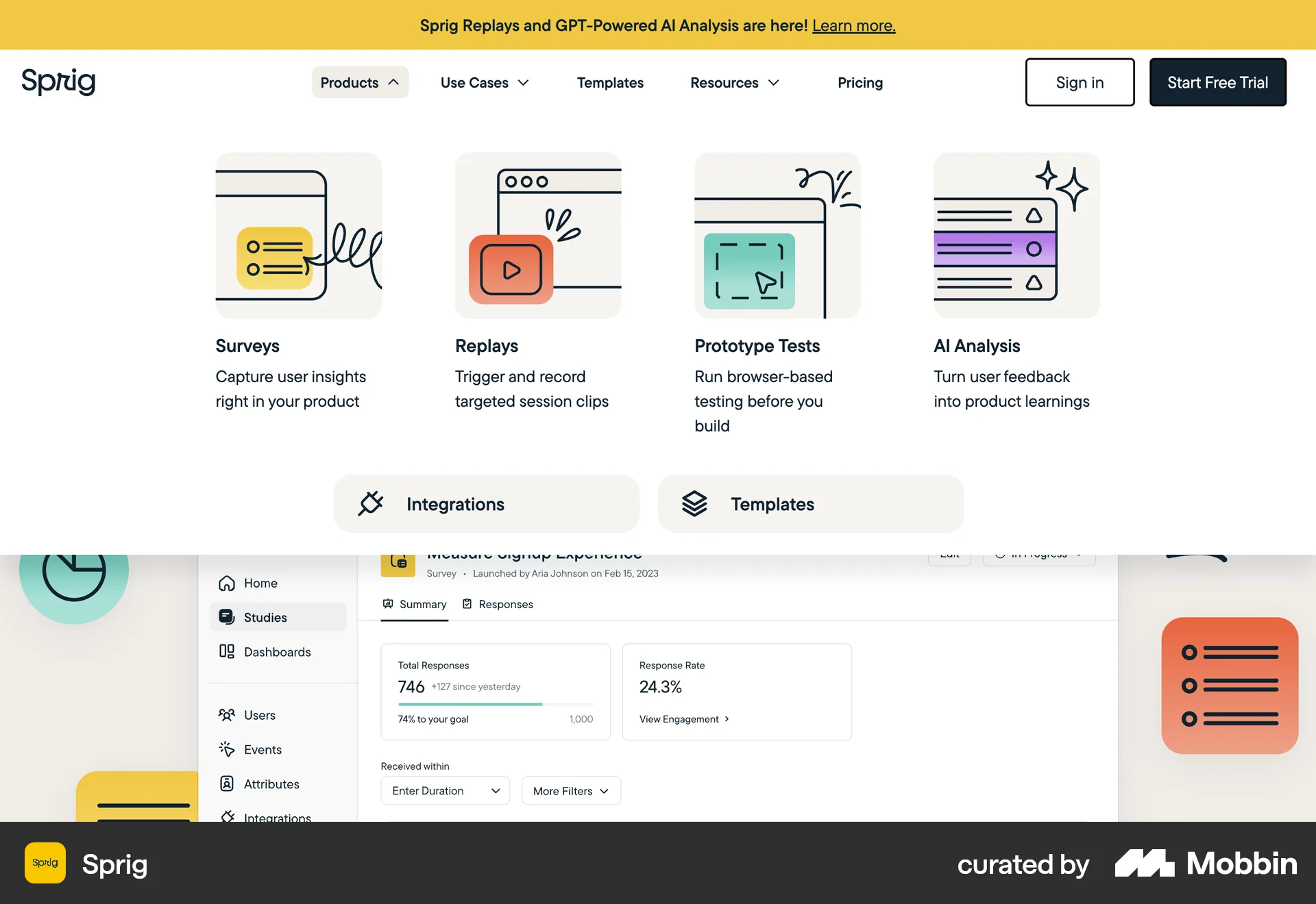 Sprig Web screen containing Navigation Menu UI element