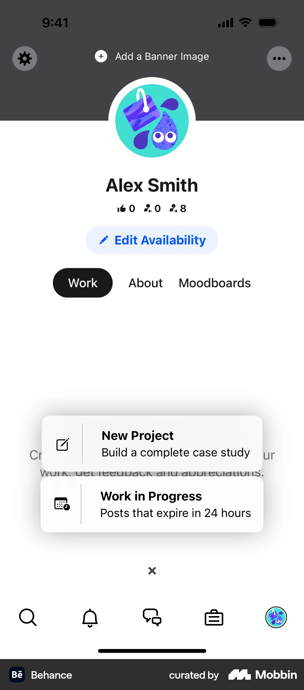 Behance iOS screen containing Dropdown Menu UI element