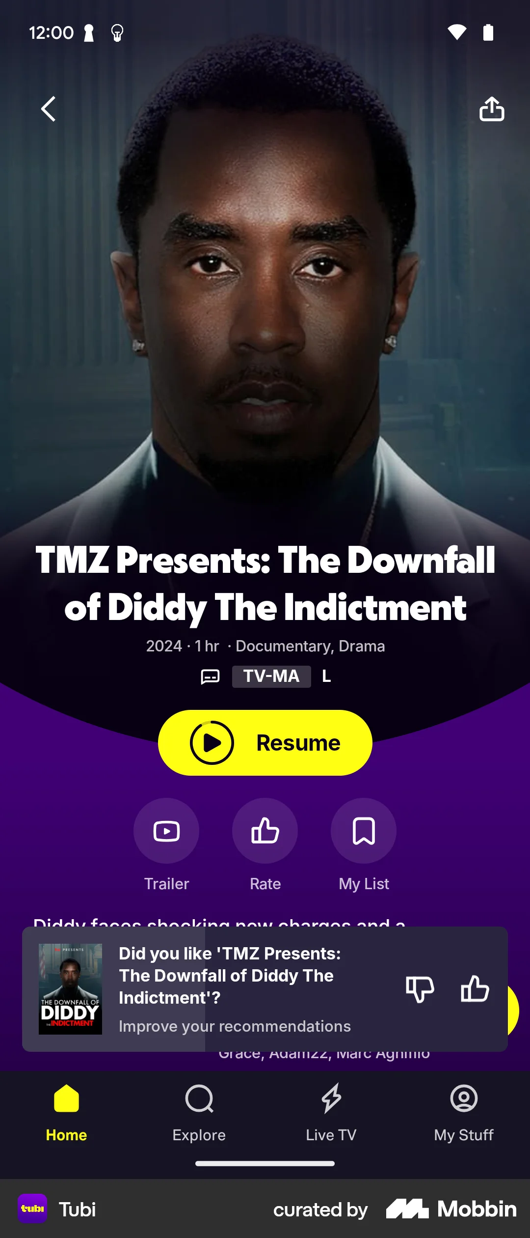 Tubi Android TV Show & Movie Detail screen