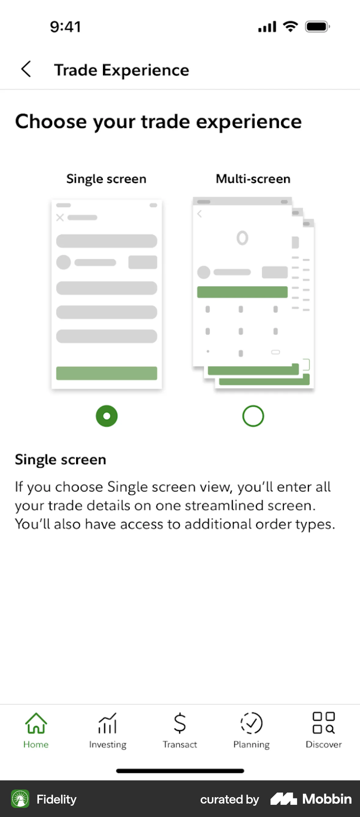 Fidelity iOS screen containing Radio Button UI element