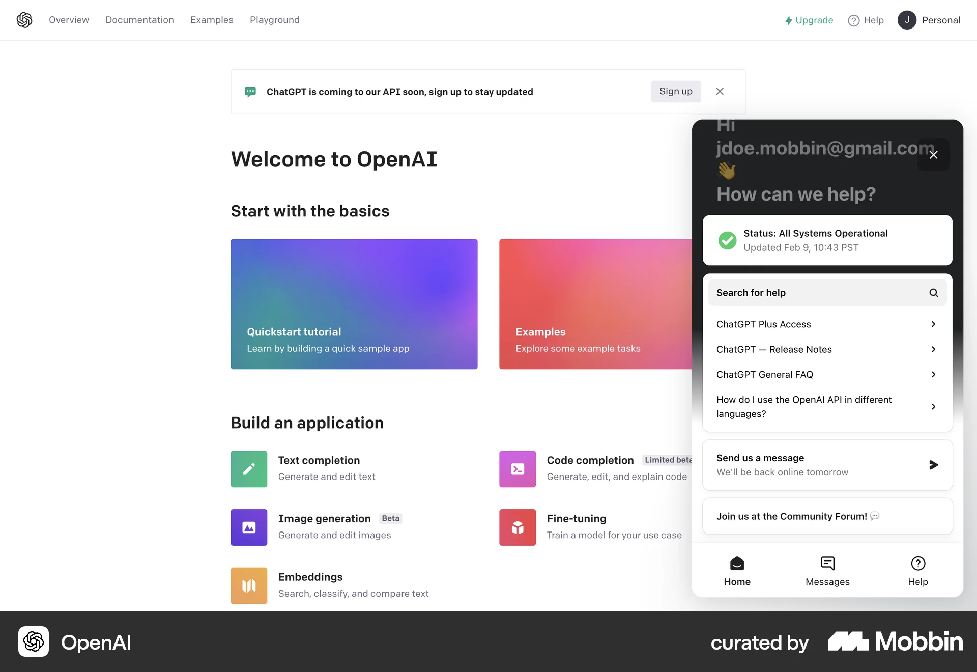 OpenAI Platform Web Help & Support screen