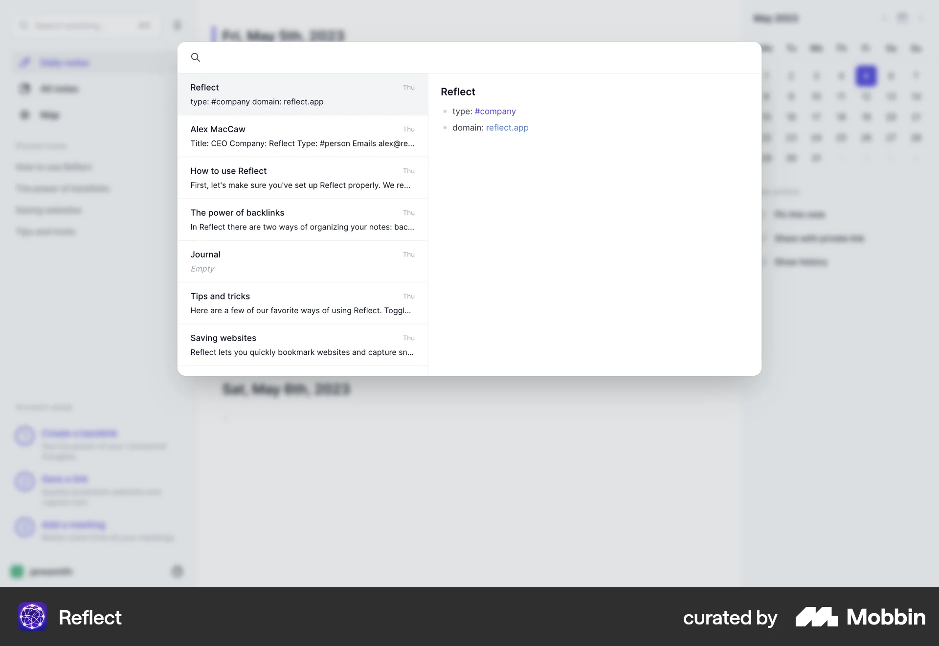 Reflect Web Command Palette screen