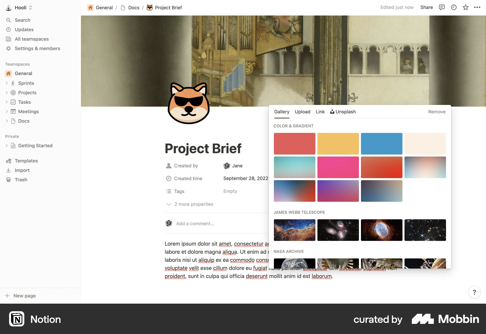 Notion Web screen containing Gallery UI element