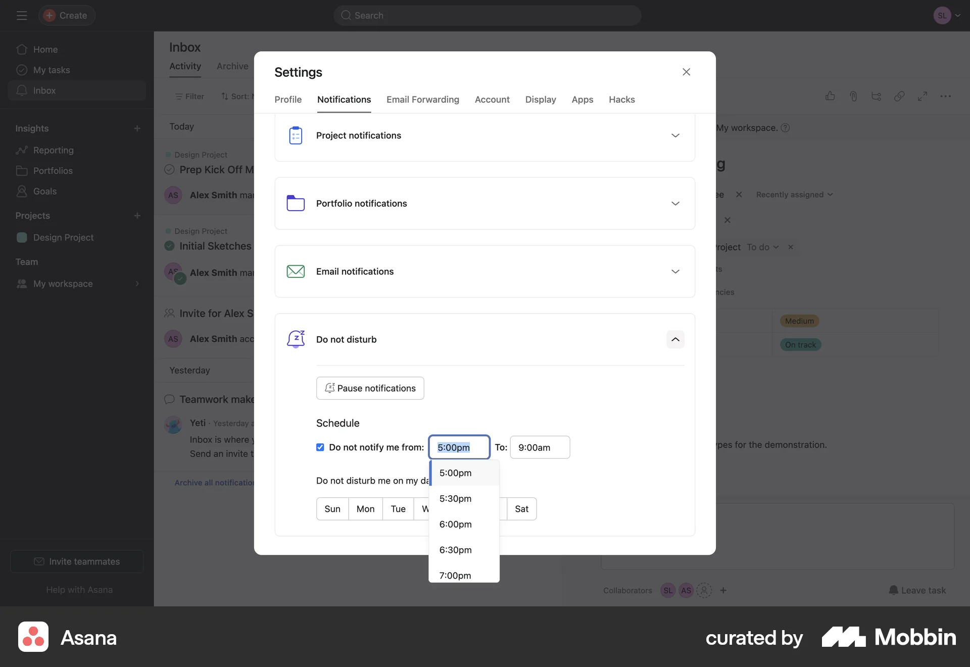 Asana Web screen containing Time Picker UI element