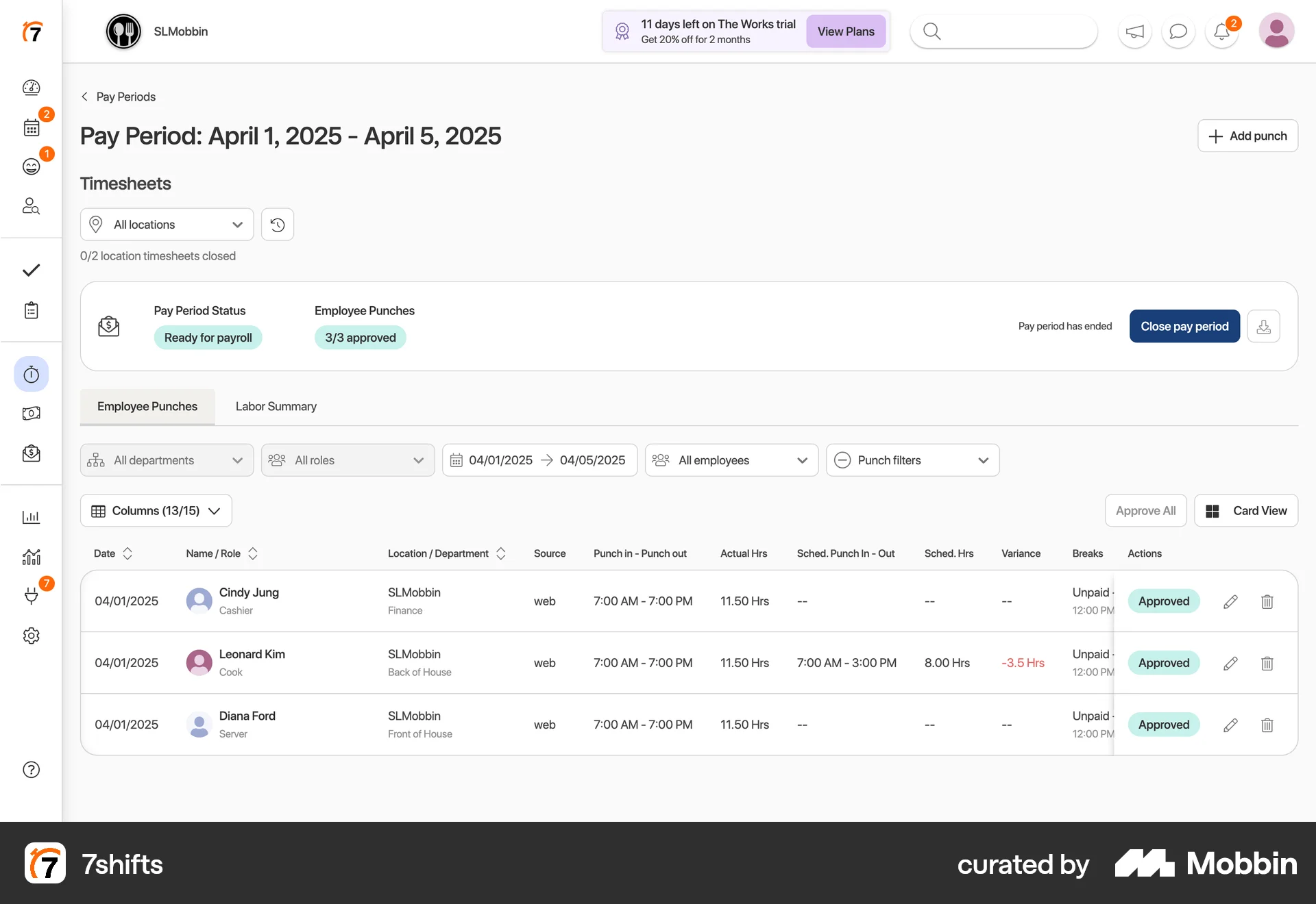 7shifts Web screen containing Toolbar UI element