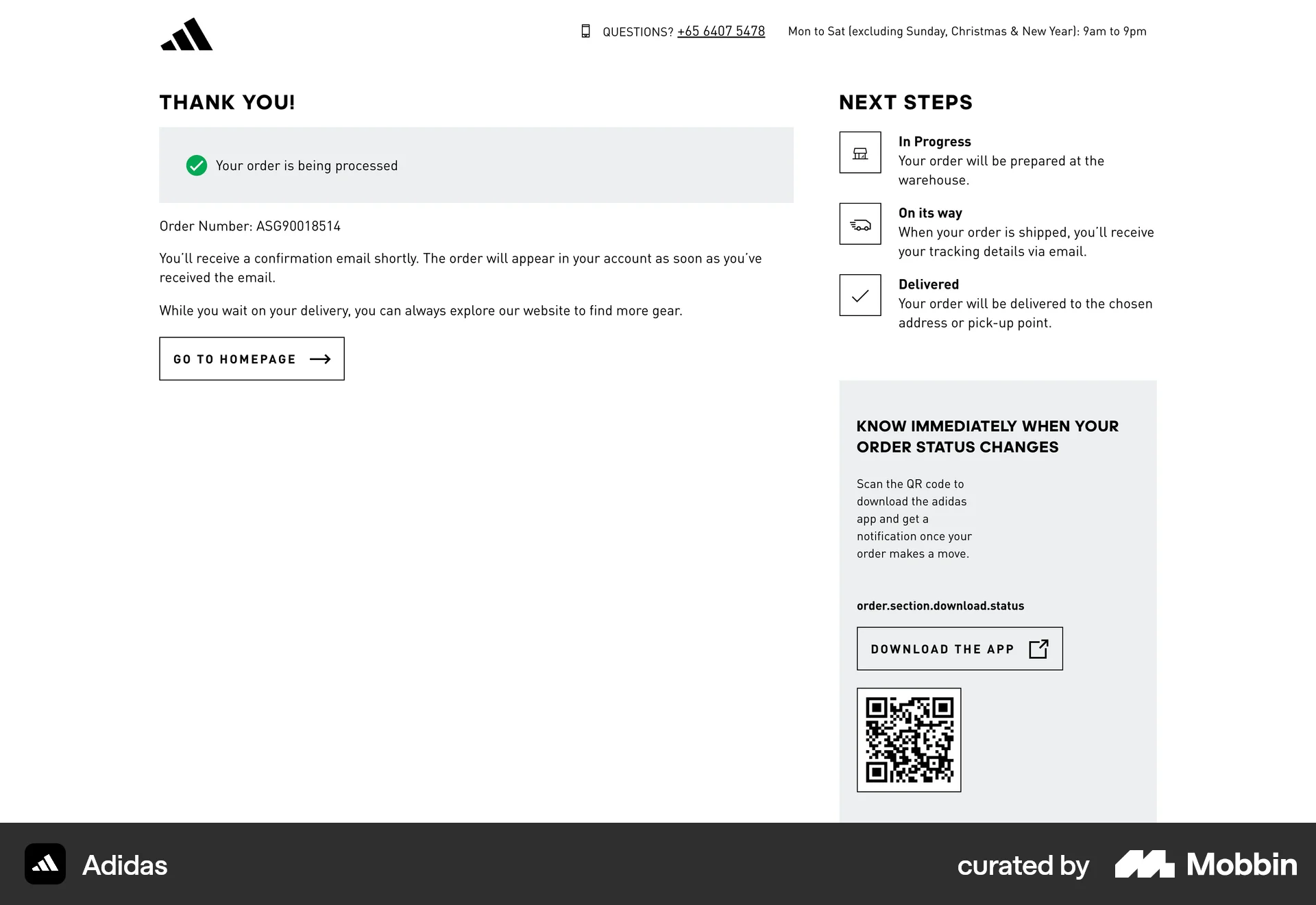 adidas Web Order Confirmation screen